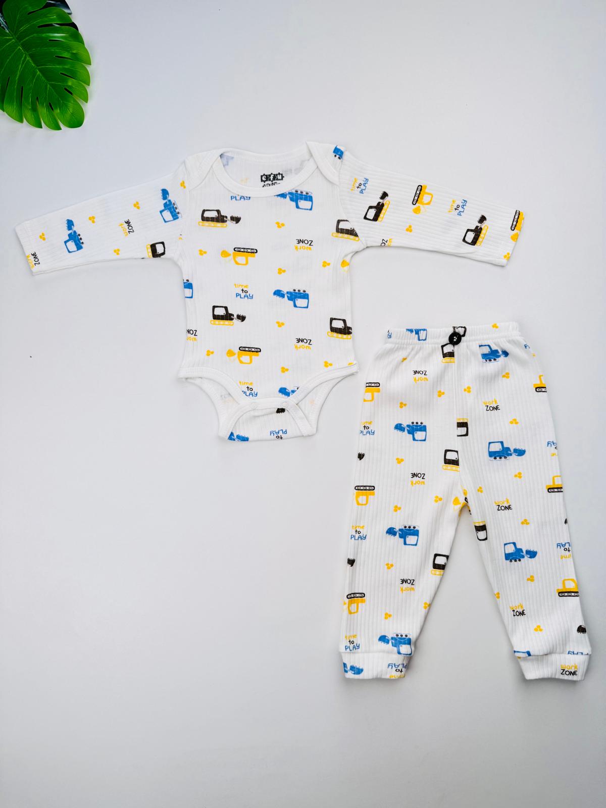  2li Kepçe Desenli %100 Pamuklu Erkek Bebek Body Pantolon Takım