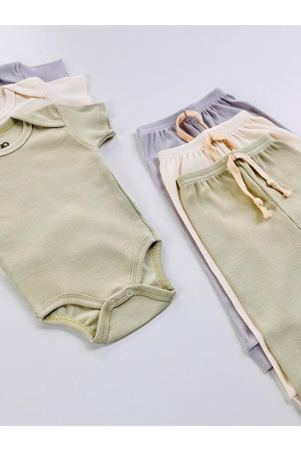 3'lü %100 Pamuklu Unisex Esnek Kısa Kol Kaşkorse Bebek Body Pantolon Takım