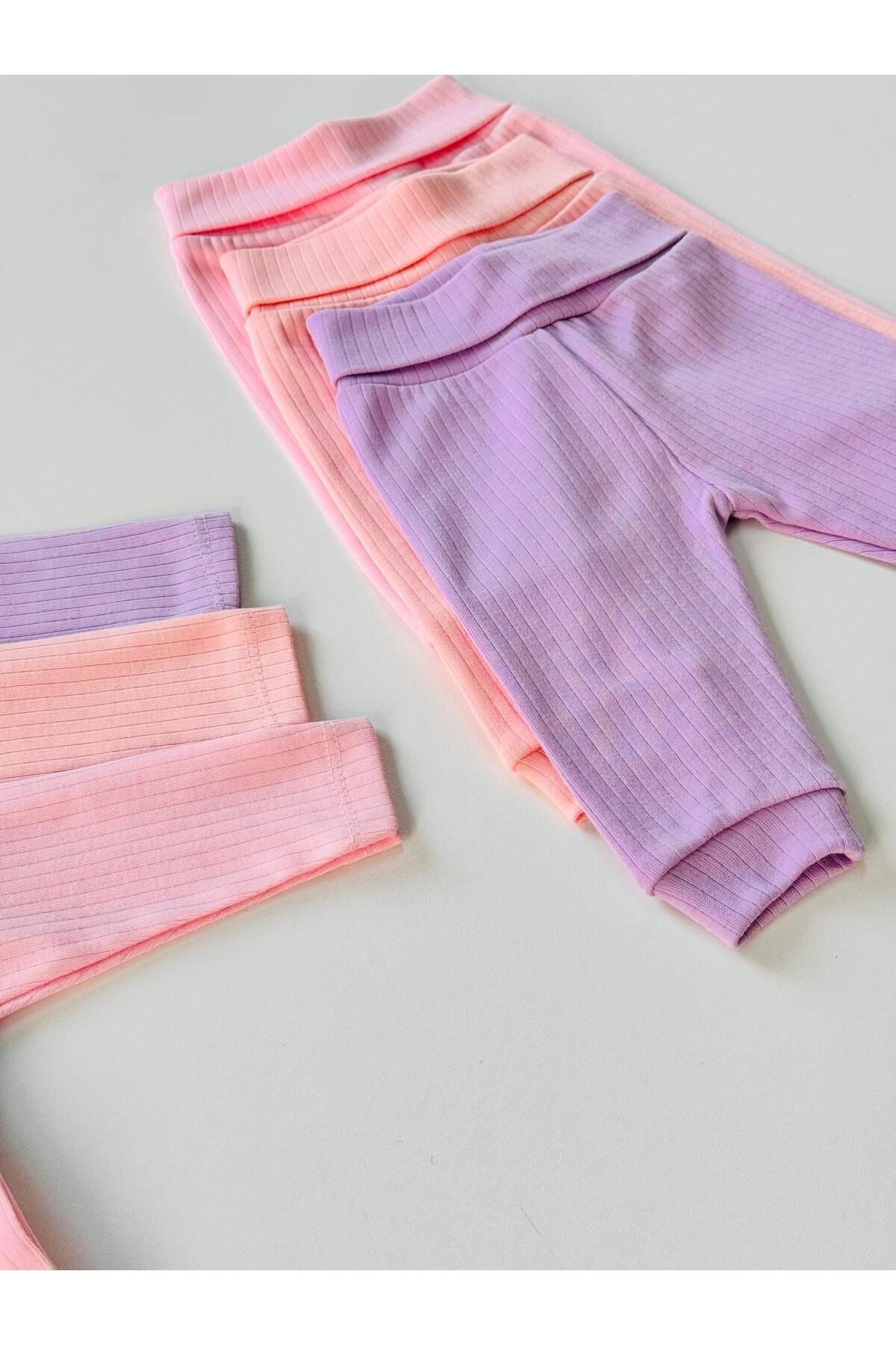 3'lü %100 Pamuklu Raporlu Kız Bebek Basic Body Pantolon Takım