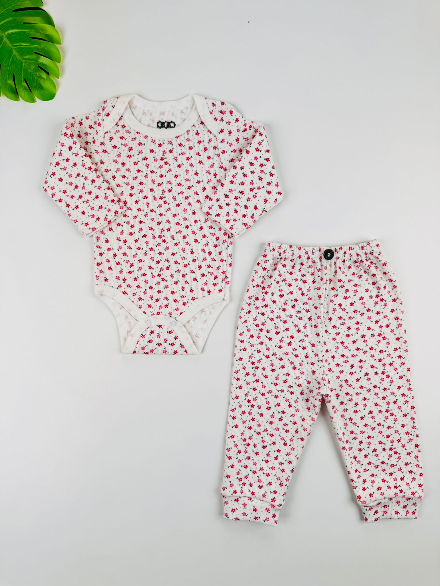 2li Çiçek Desenli %100 Pamuklu Esnek Kaşkorse Kız Bebek Takım - kırmızı