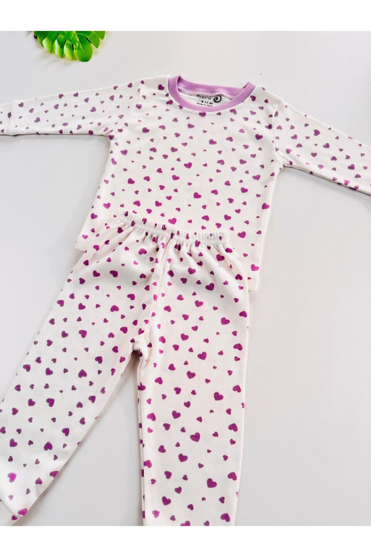 %100 Pamuklu Kalp Desenli Bebek Çocuk Pijama Takım