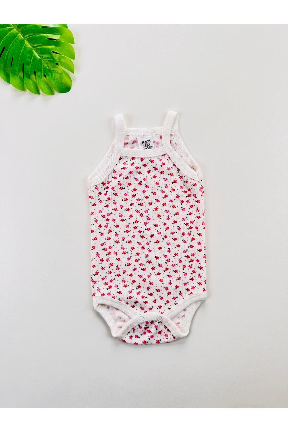 Çiçek Desenli Fitilli İp Askılı Kız Bebek Atlet Body - ekru