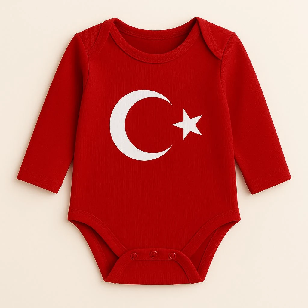 %100 Pamuklu Ay Yıldız Türk Bayrağı Baskılı Uzun Kollu Çıtçıtlı Bebek Body