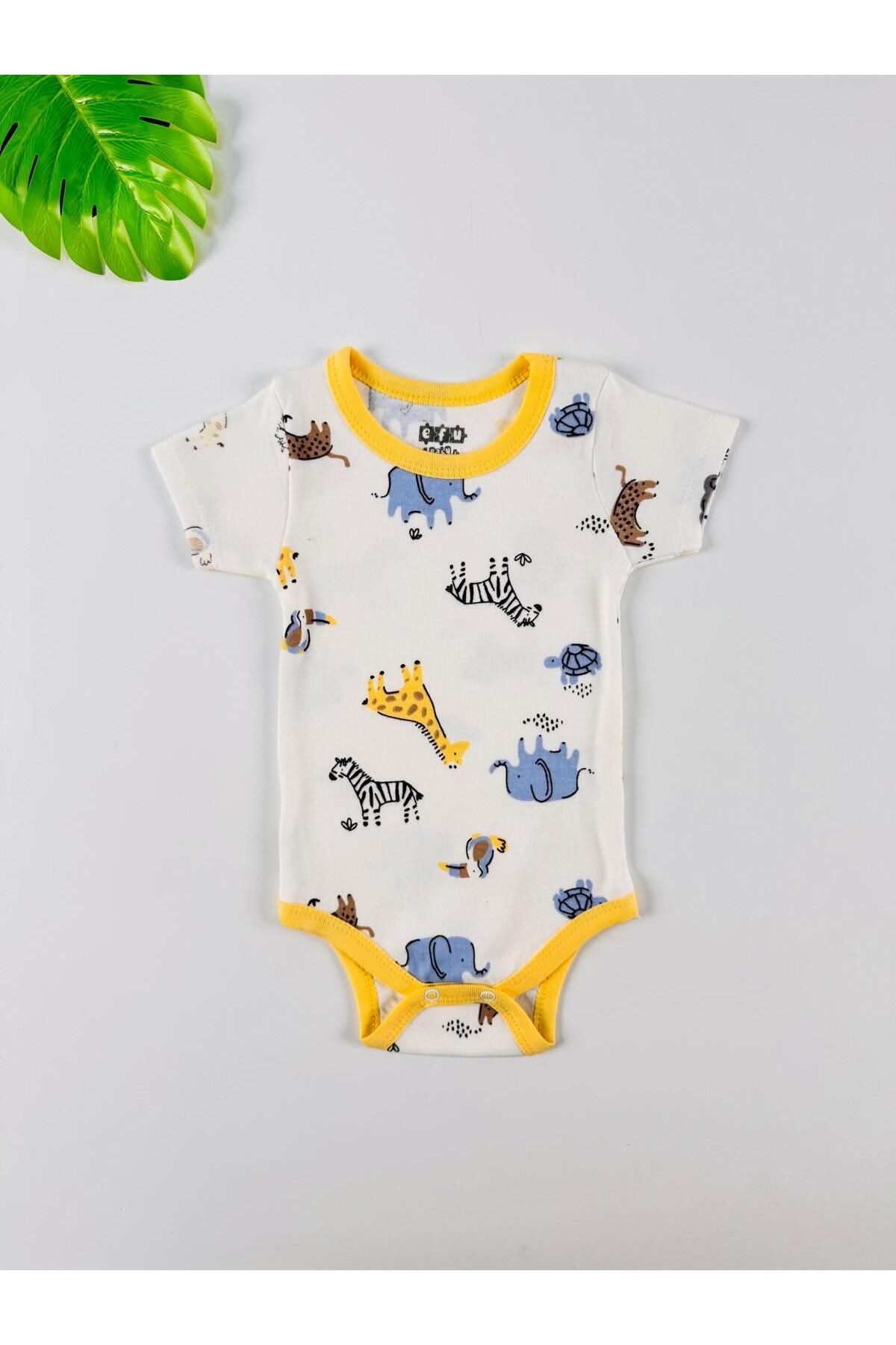 3'lü %100 Pamuklu Desenli Kısa Kol Unisex Bebek Body