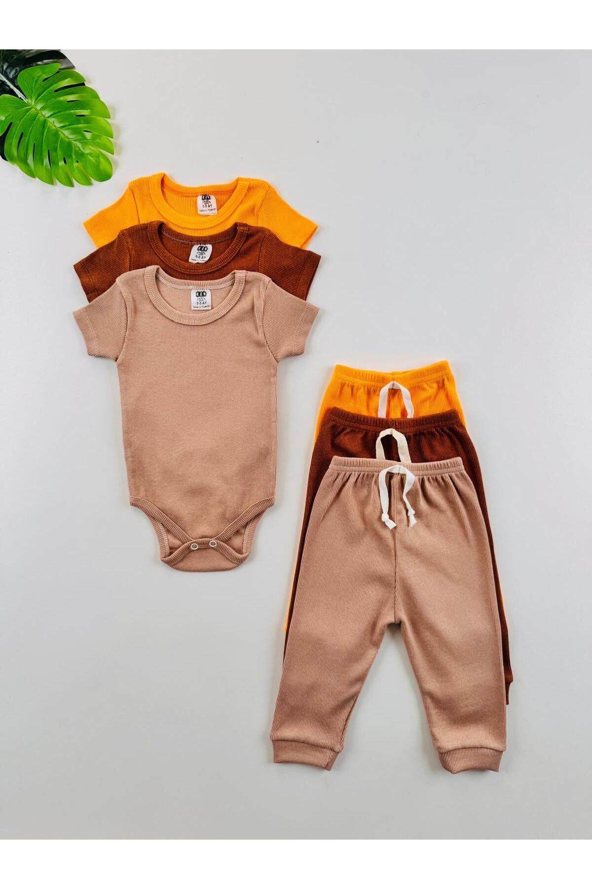 3'lü Unisex Esnek Kaşkorse Kısa Kol Bebek Body Pantolon Takım - çok renkli - 1