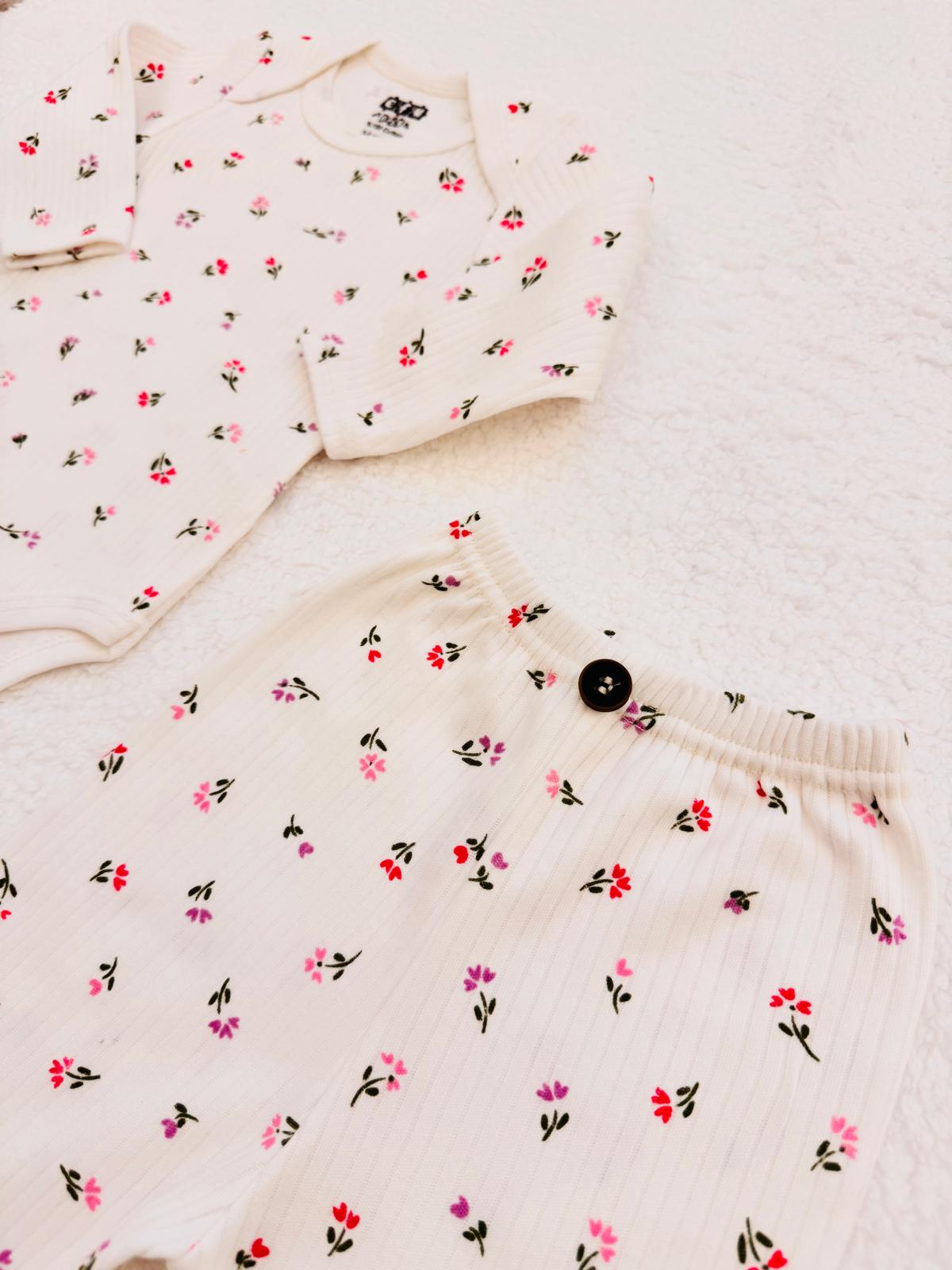 2li Çiçek Desenli %100 Pamuklu Unisex Bebek Takım