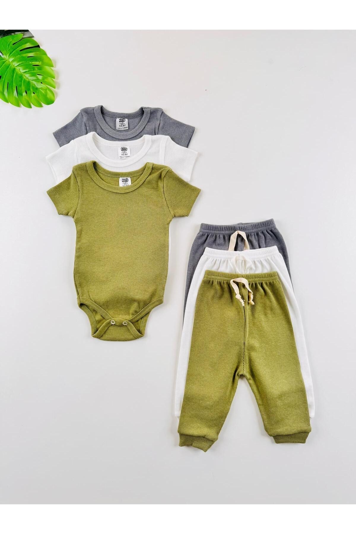 3'lü Unisex Esnek Kaşkorse Kısa Kol Bebek Body Pantolon Takım - çok renkli