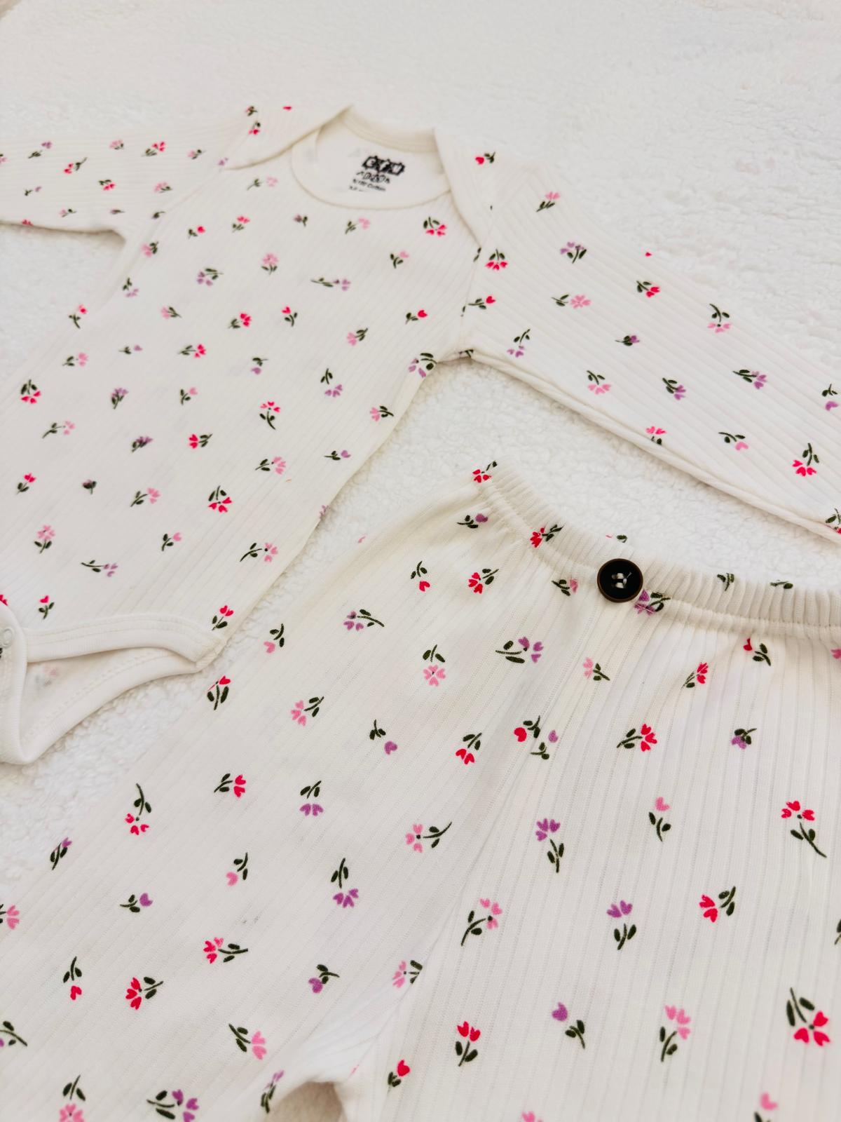 2li Çiçek Desenli %100 Pamuklu Unisex Bebek Takım