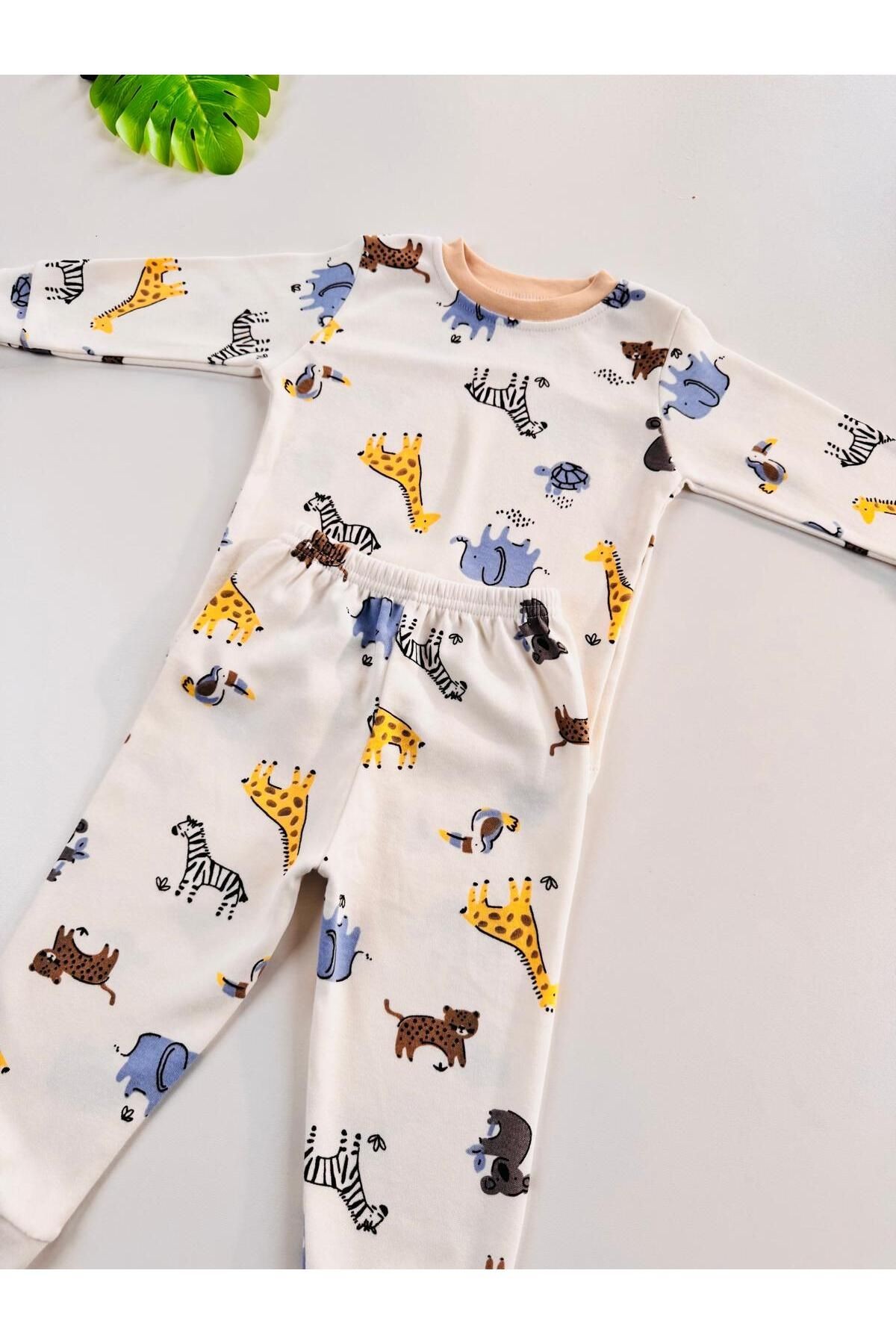 %100 Pamuklu Desenli Unisex Bebek Çocuk Pijama Takım