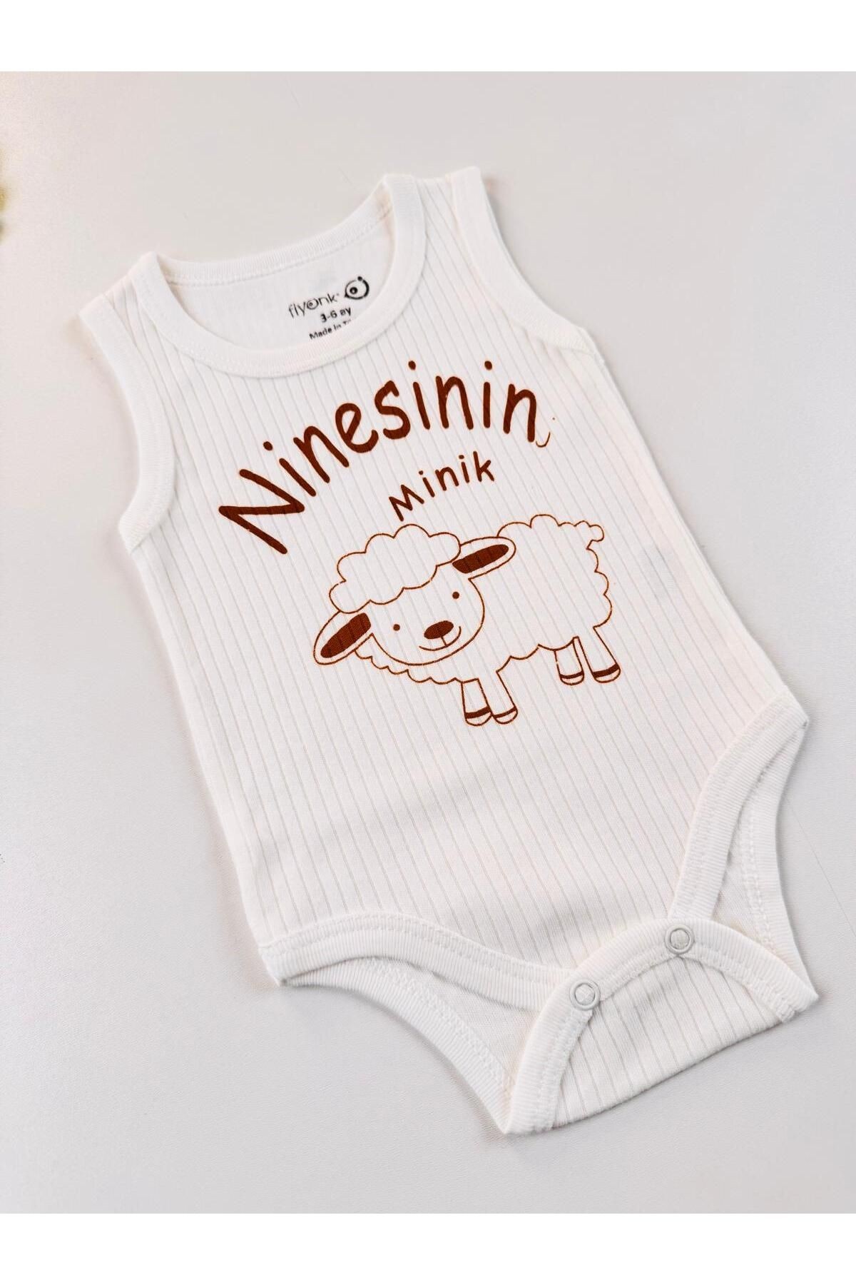 %100 Organik Pamuklu Fitilli Penye Ninesinin Minik Kuzusu Bebek Body Zıbın