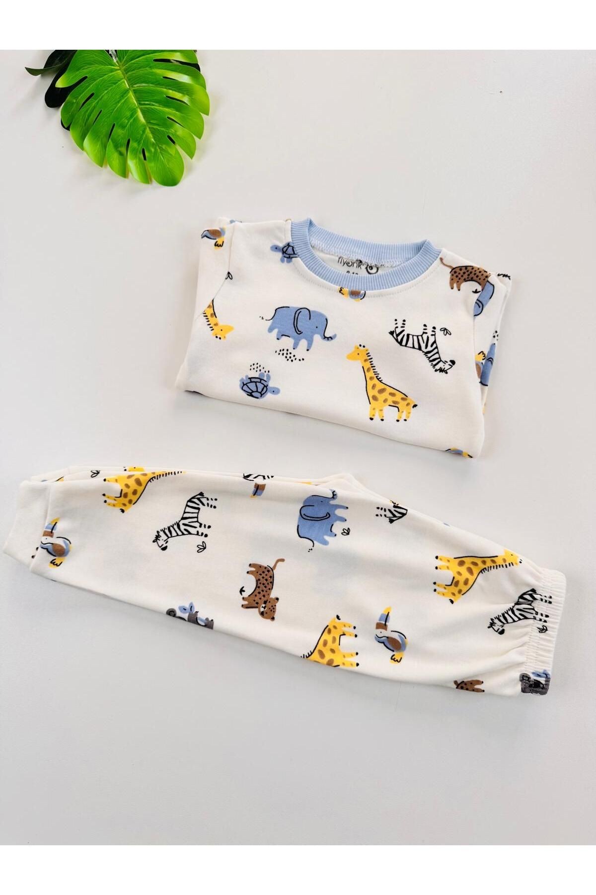 %100 Pamuklu Desenli Unisex Bebek Çocuk Pijama Takım