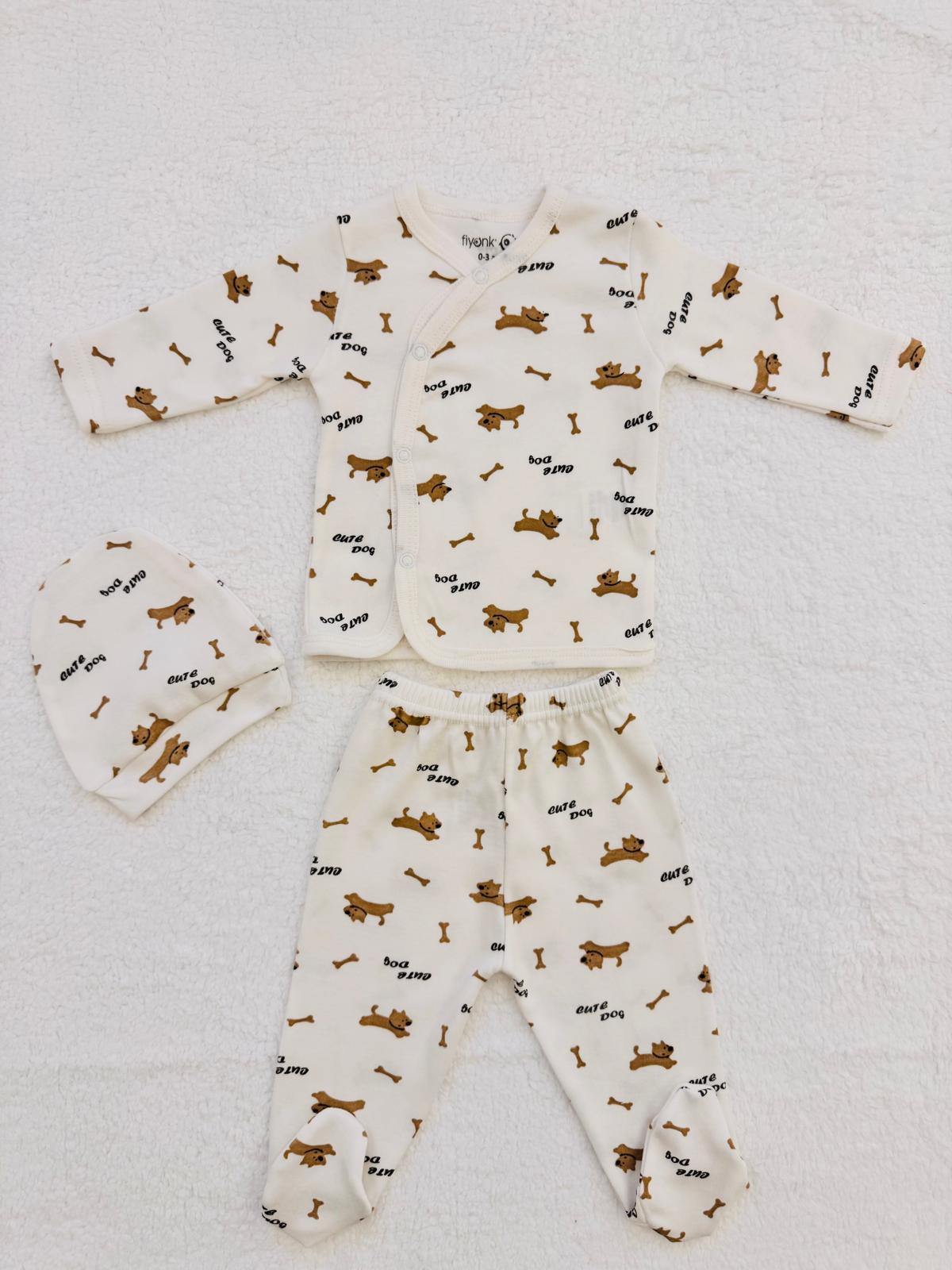 3lü Köpek Desenli Bereli Unisex Bebek Yenidoğan Zıbın Set