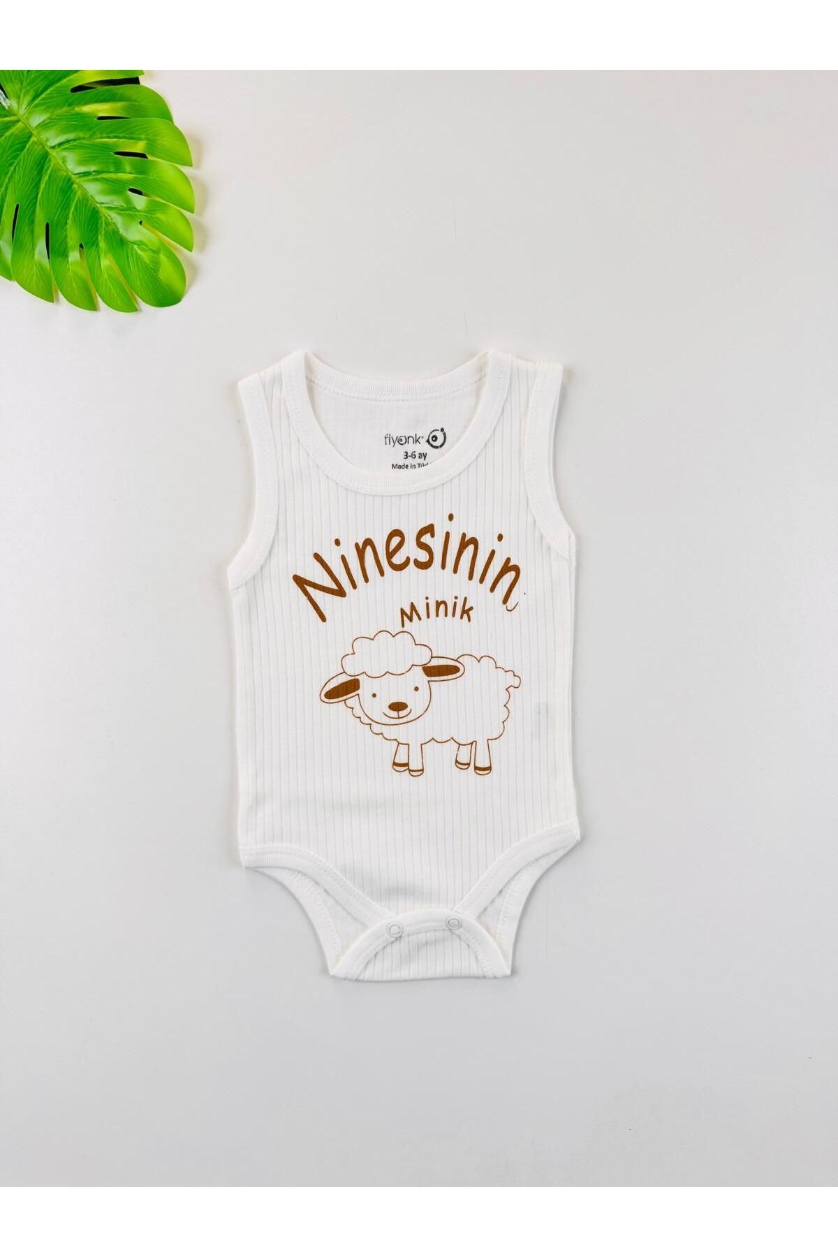 %100 Organik Pamuklu Fitilli Penye Ninesinin Minik Kuzusu Bebek Body Zıbın