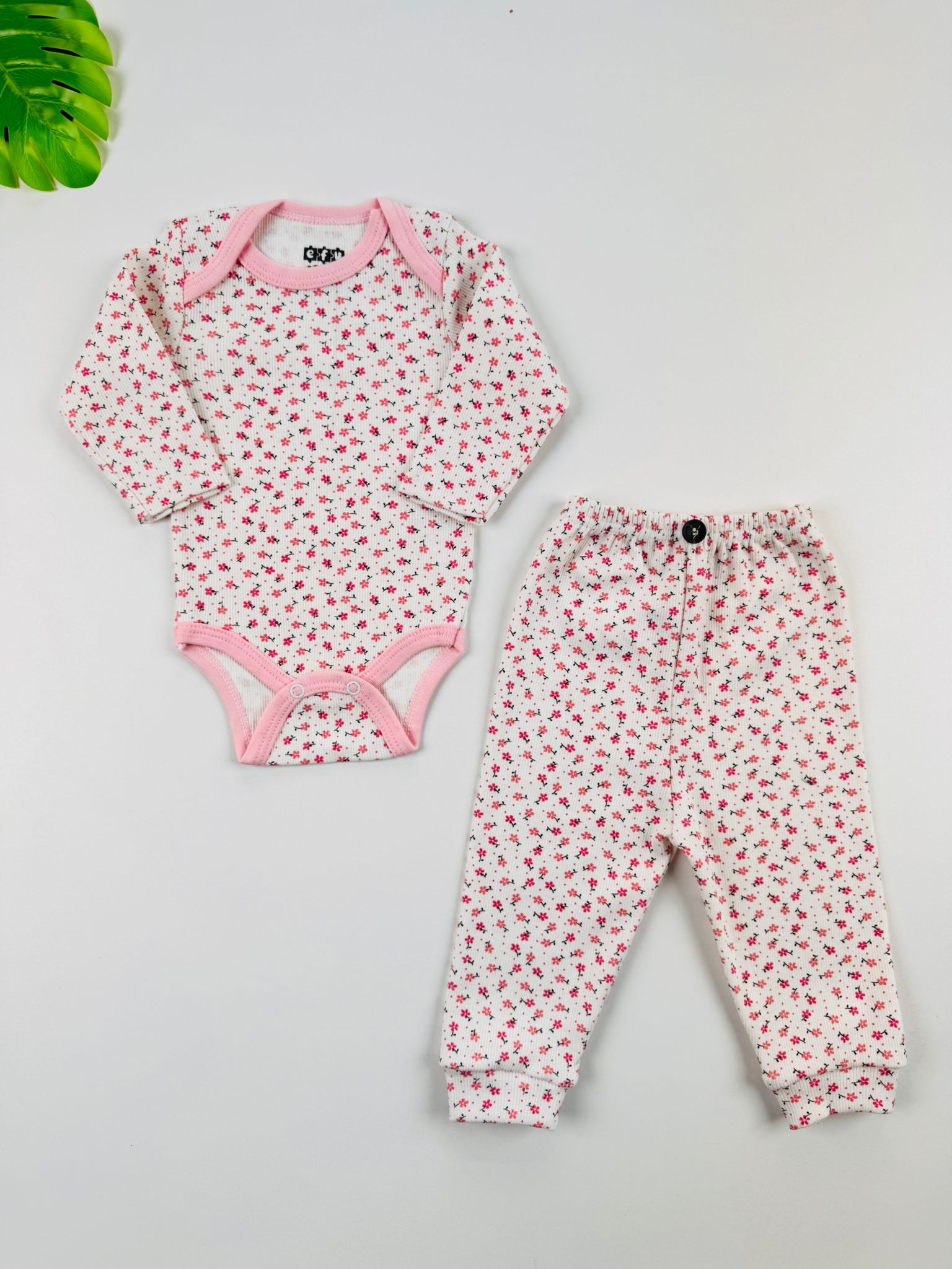 2li Çiçek Desenli %100 Pamuklu Esnek Kaşkorse Kız Bebek Takım - pembe