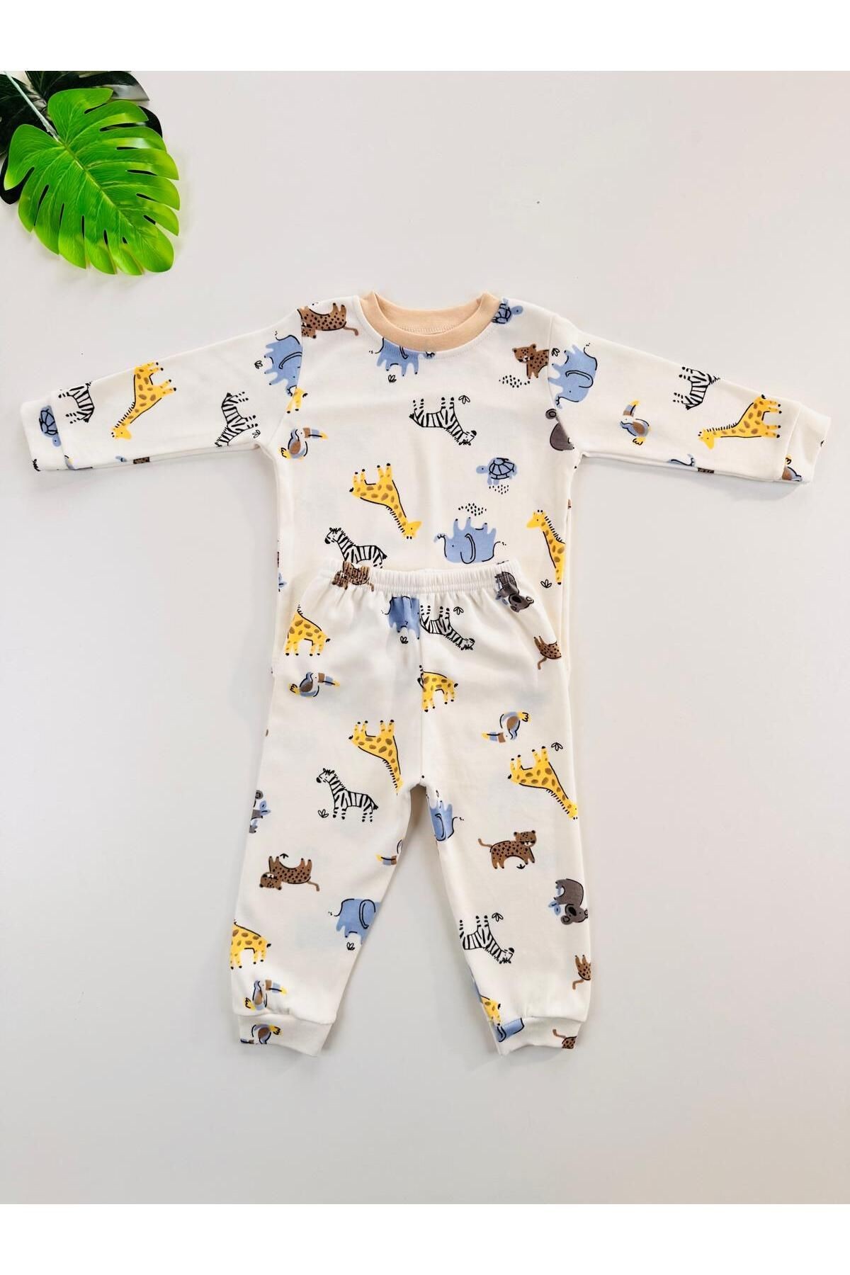 %100 Pamuklu Desenli Unisex Bebek Çocuk Pijama Takım