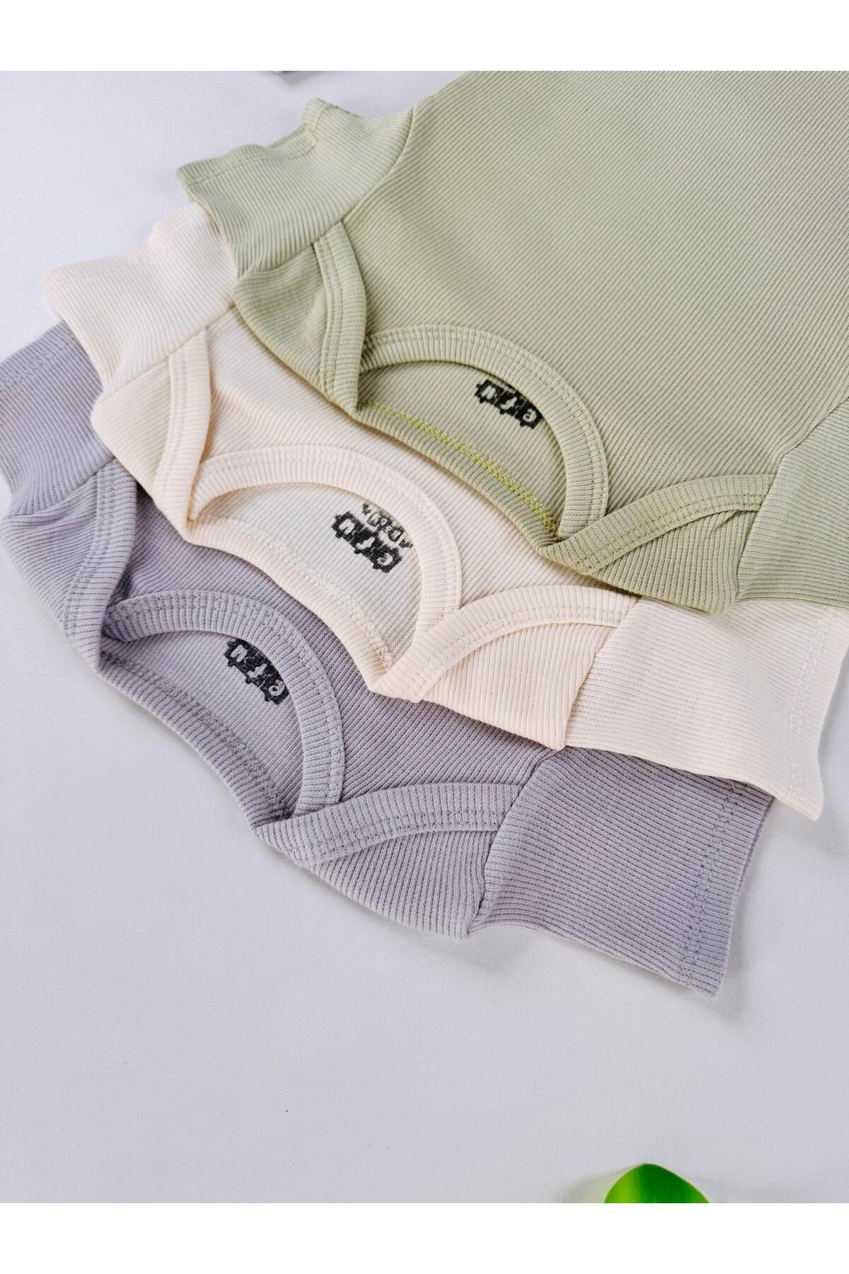 3'lü %100 Pamuklu Unisex Esnek Kısa Kol Kaşkorse Bebek Body Pantolon Takım
