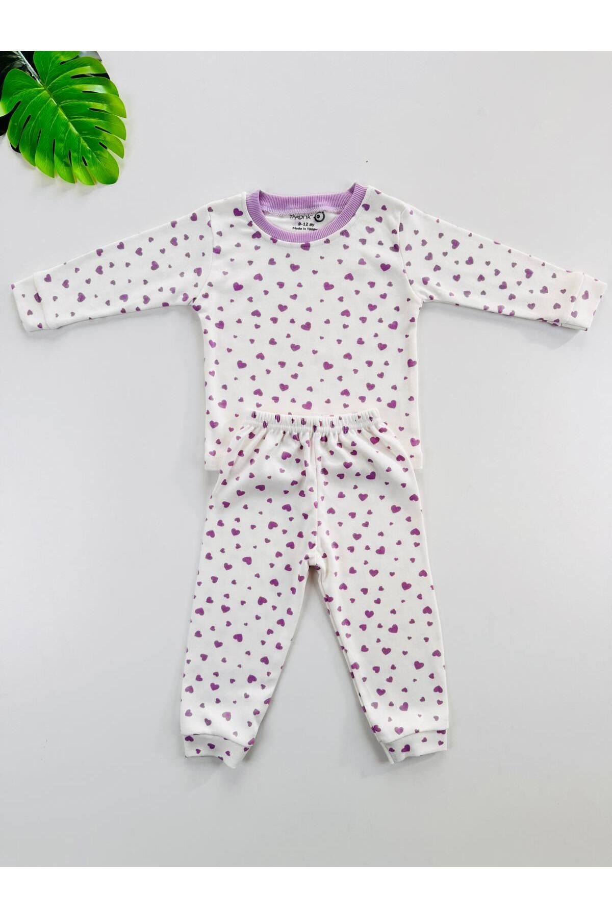%100 Pamuklu Kalp Desenli Bebek Çocuk Pijama Takım