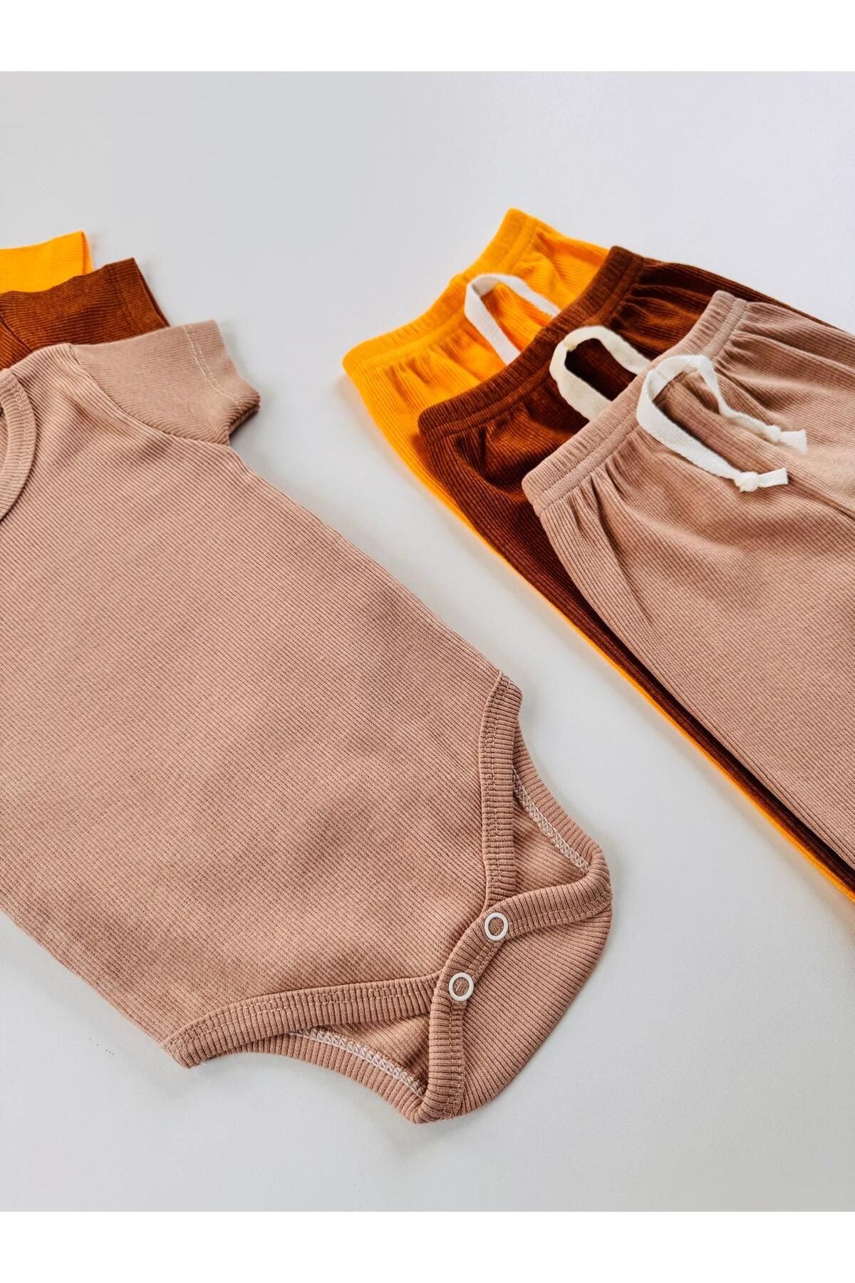 3'lü Unisex Esnek Kaşkorse Kısa Kol Bebek Body Pantolon Takım