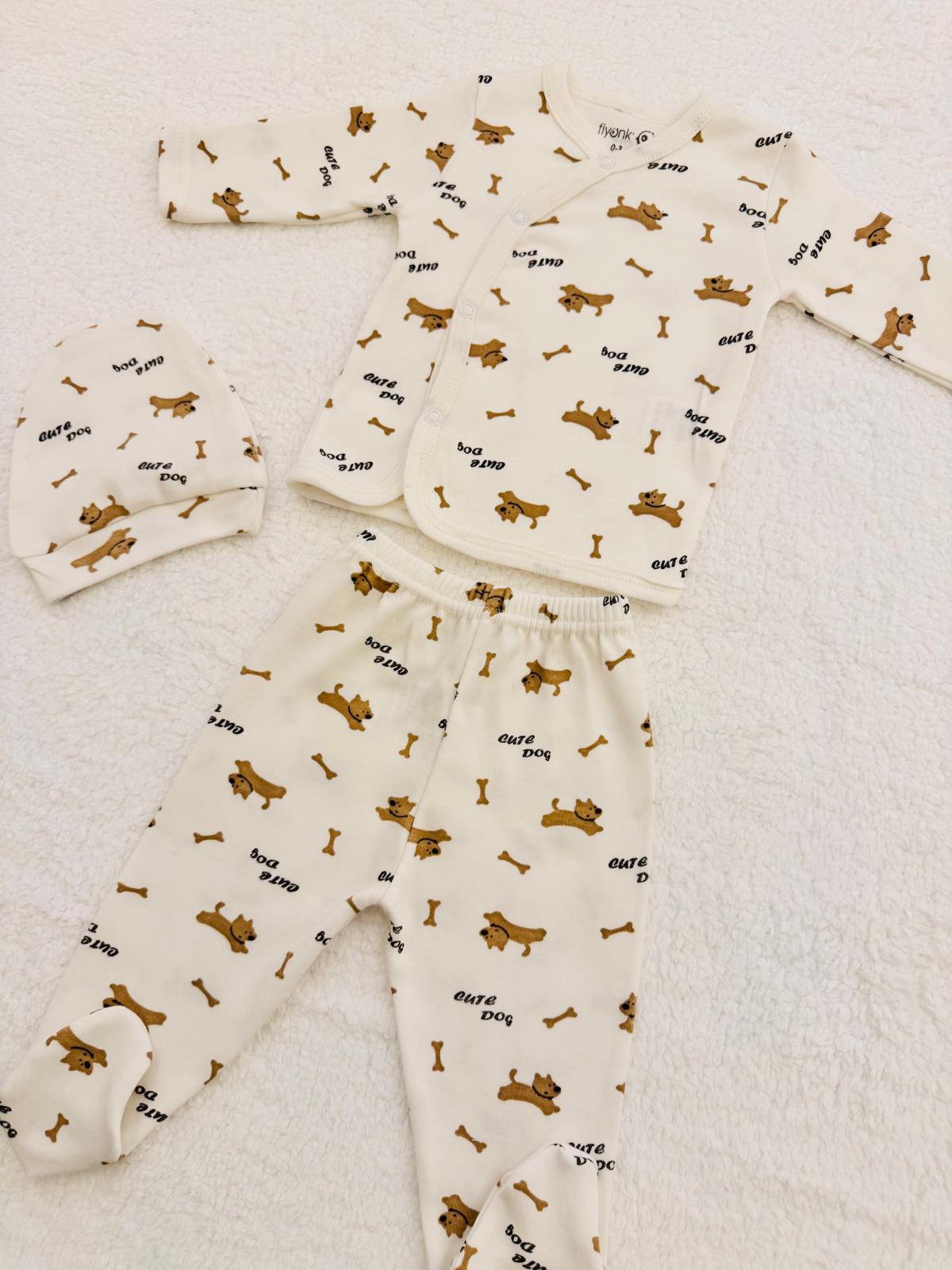 3lü Köpek Desenli Bereli Unisex Bebek Yenidoğan Zıbın Set
