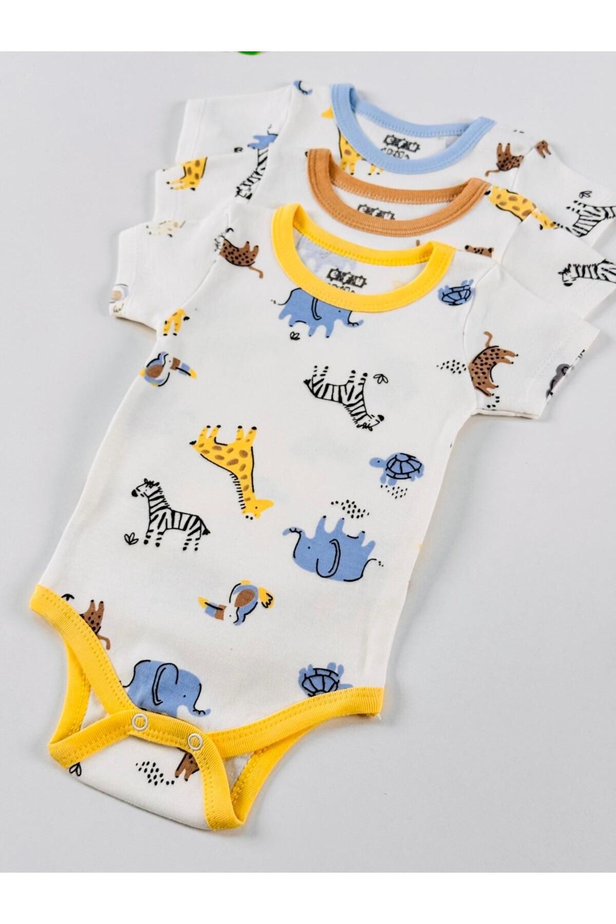 3'lü %100 Pamuklu Desenli Kısa Kol Unisex Bebek Body