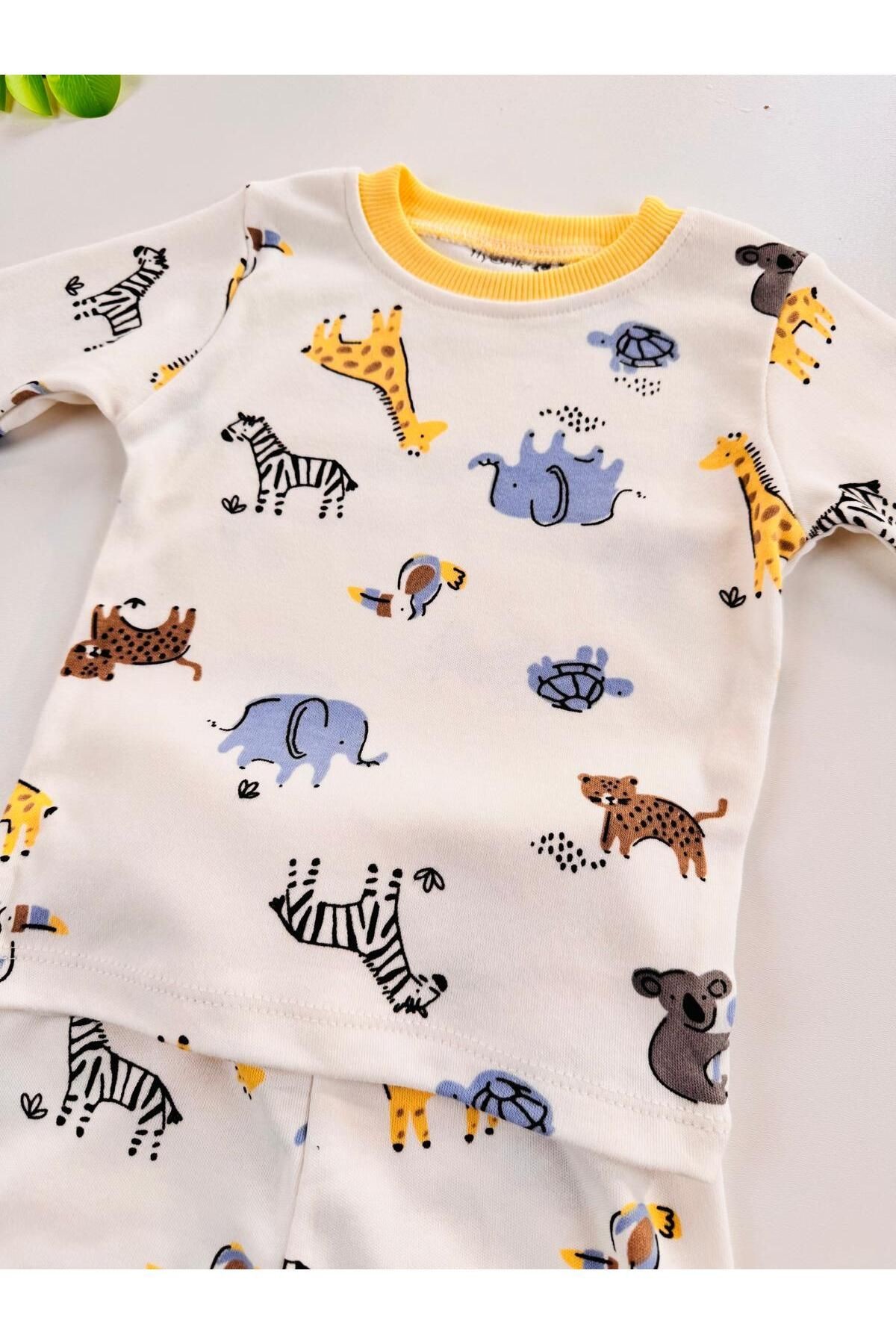 %100 Pamuklu Desenli Unisex Bebek Çocuk Pijama Takım