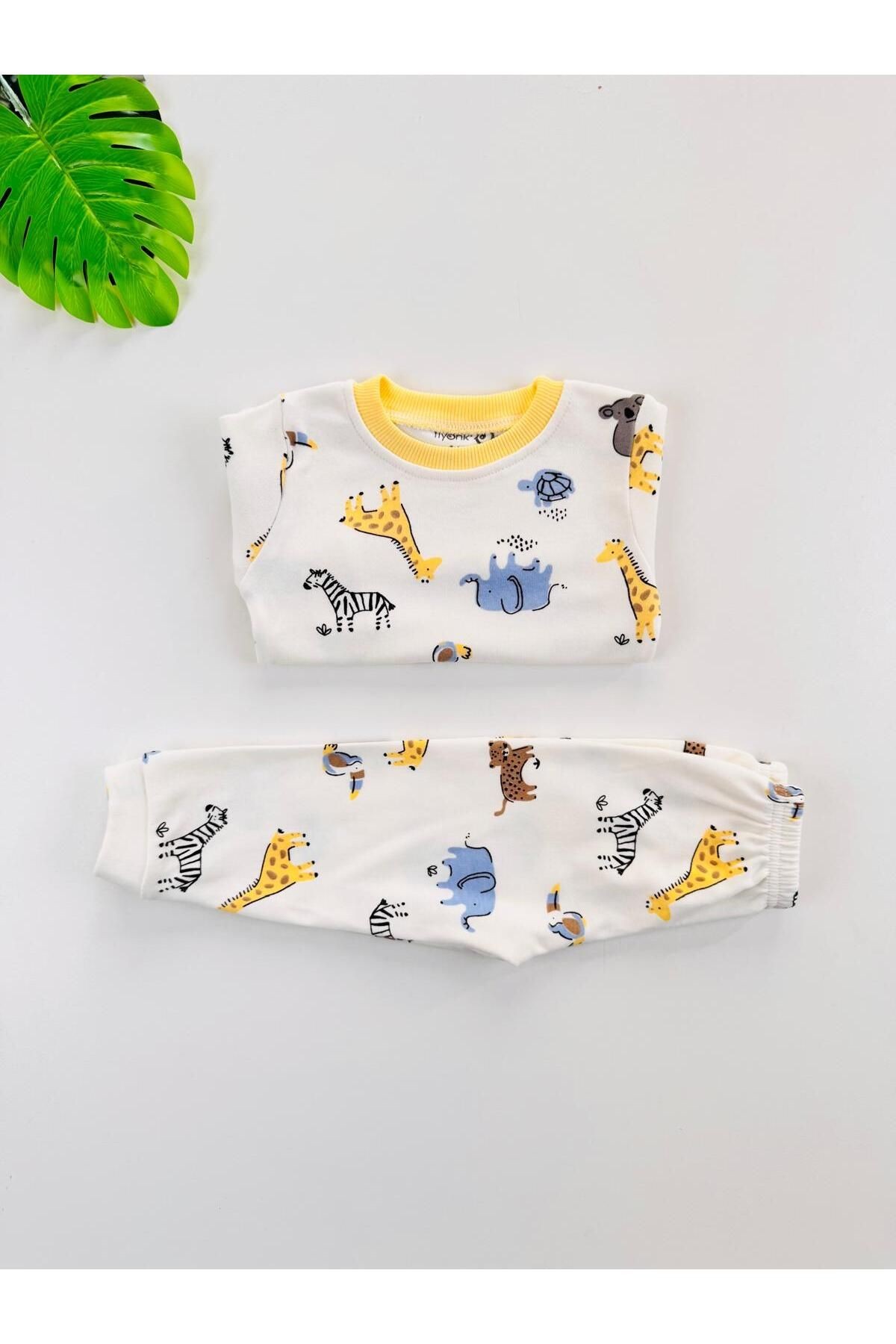 %100 Pamuklu Desenli Unisex Bebek Çocuk Pijama Takım
