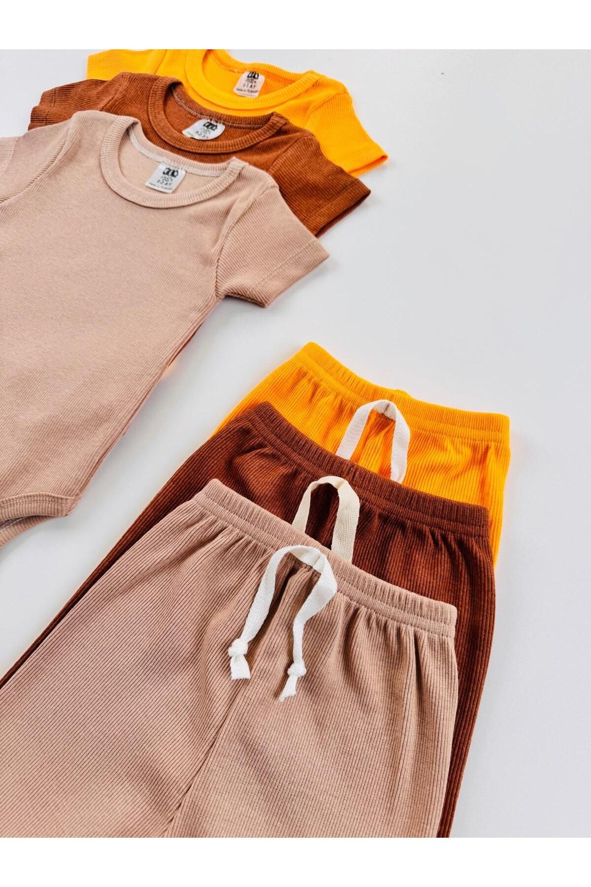 3'lü Unisex Esnek Kaşkorse Kısa Kol Bebek Body Pantolon Takım