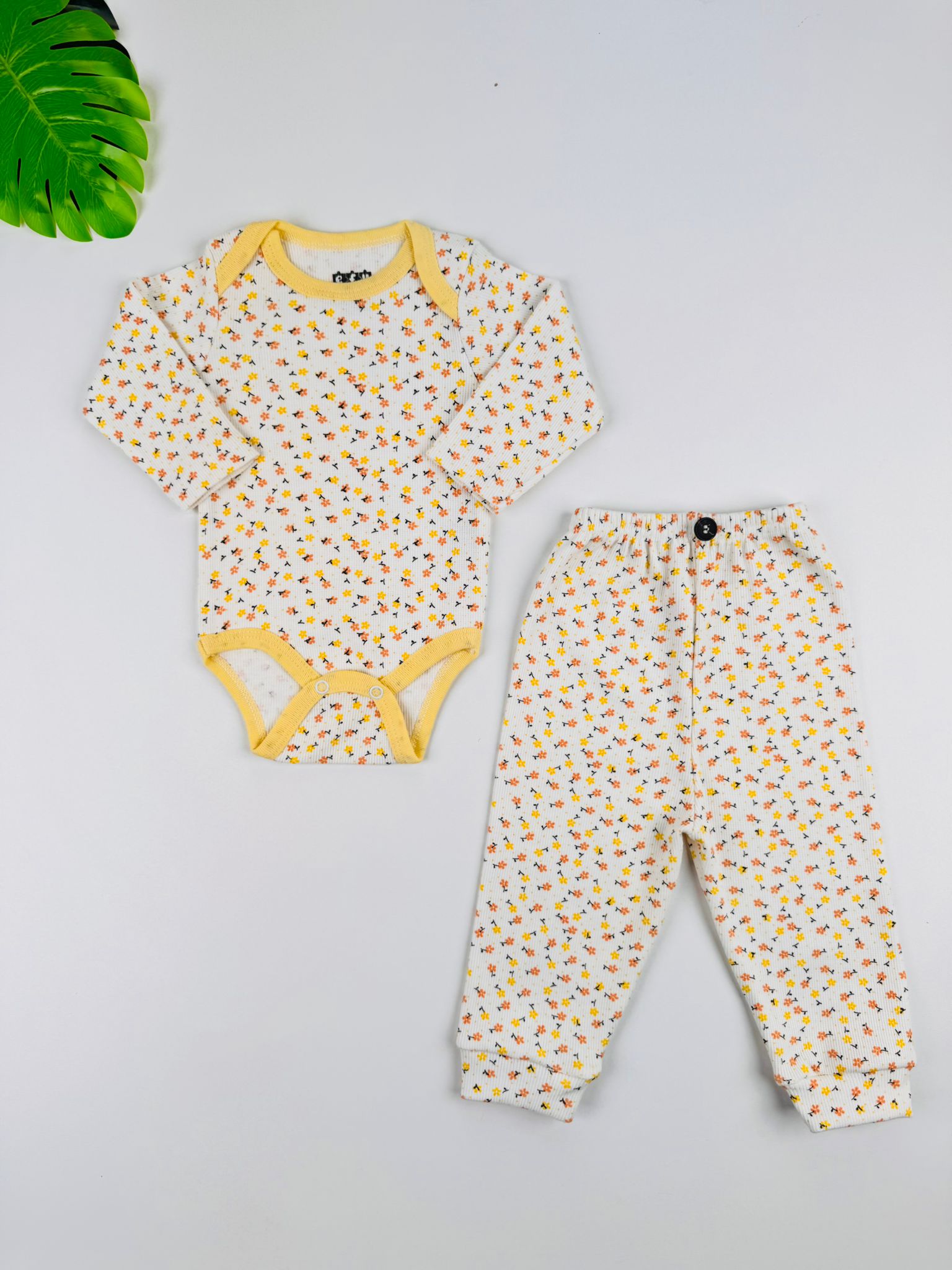 2li Çiçek Desenli %100 Pamuklu Esnek Kaşkorse Kız Bebek Takım - sarı