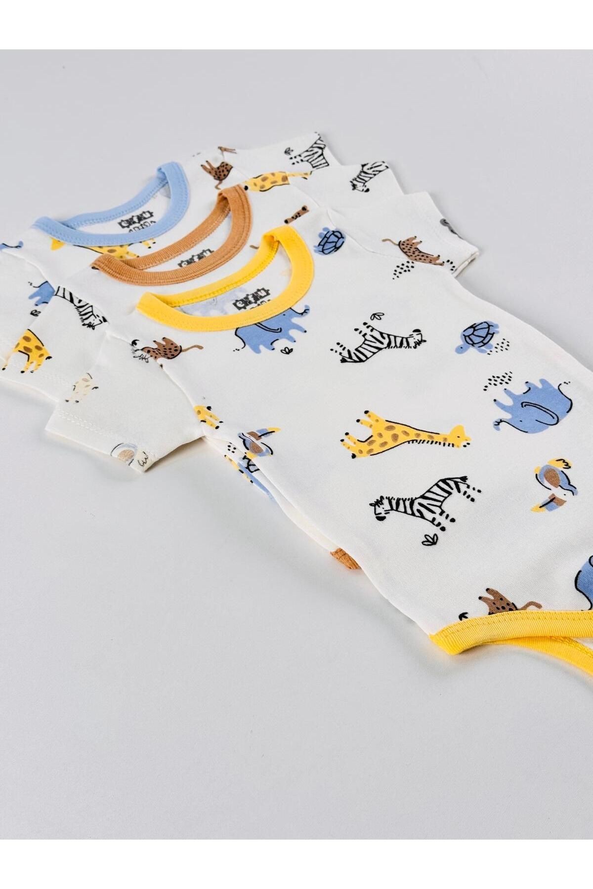 3'lü %100 Pamuklu Desenli Kısa Kol Unisex Bebek Body