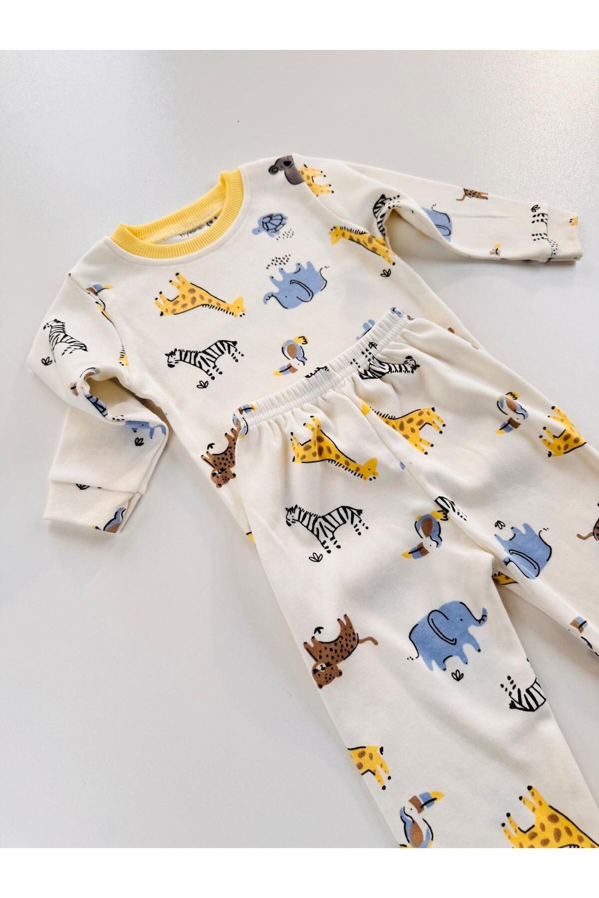 %100 Pamuklu Desenli Unisex Bebek Çocuk Pijama Takım