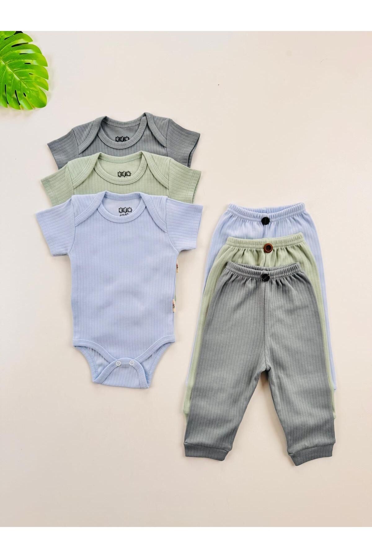3'lü %100 Pamuklu Unisex Kısa Kol Bebek Body Pantolon Takım