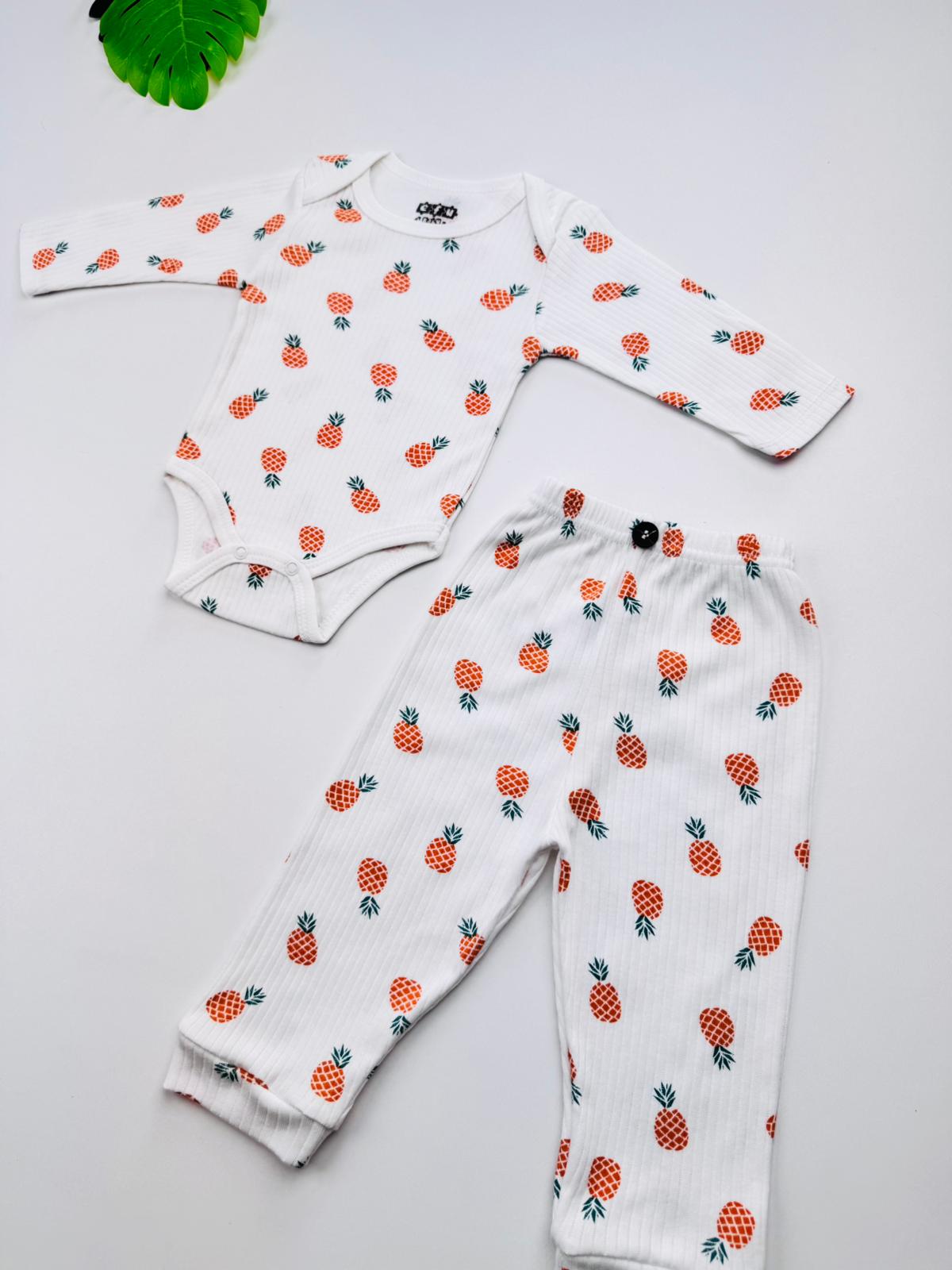 2li Ananas Desenli %100 Pamuklu Unisex Bebek Body Pantolon Takım