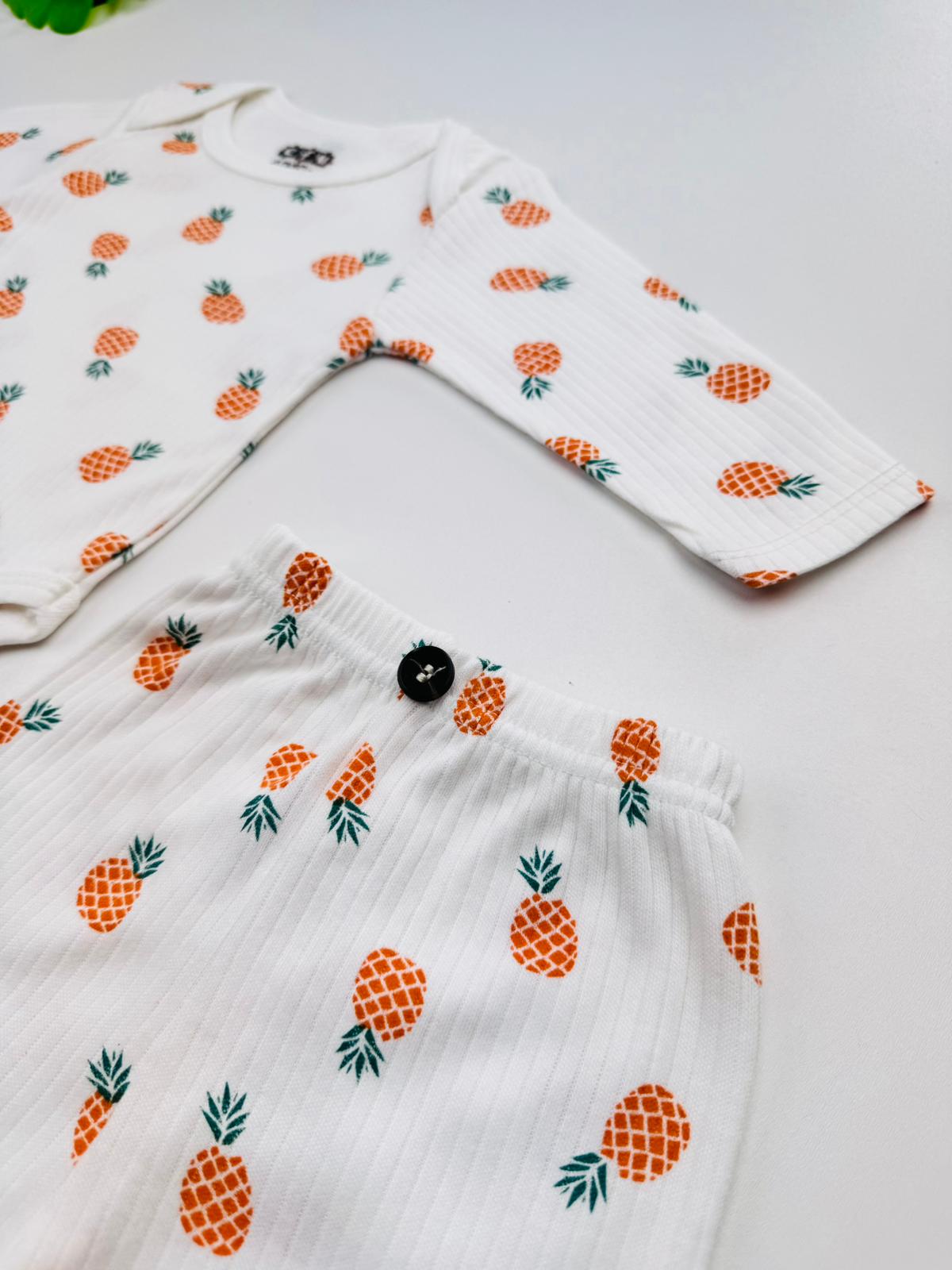 2li Ananas Desenli %100 Pamuklu Unisex Bebek Body Pantolon Takım