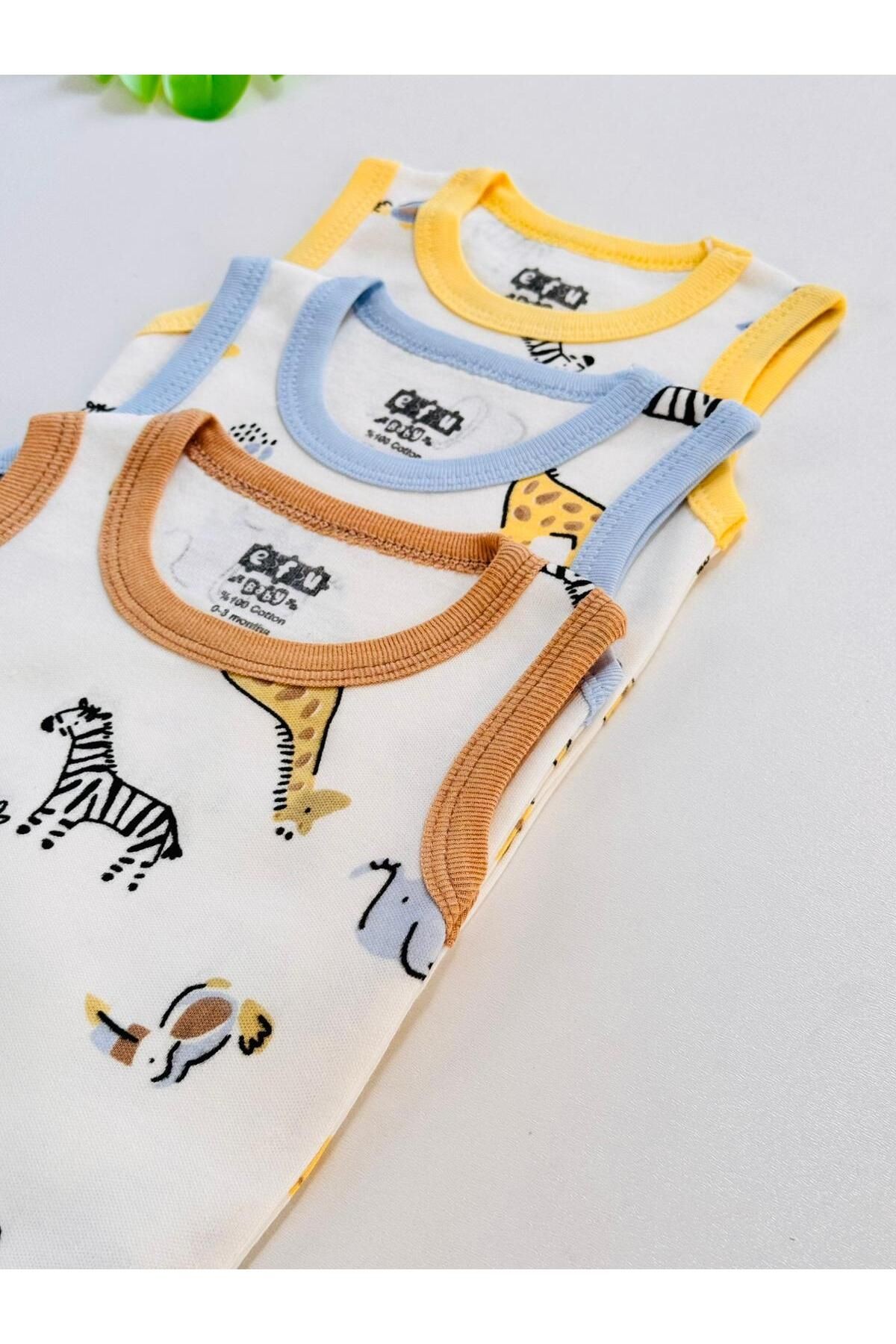 3'lü %100 Pamuklu Desenli Kısa Kol Unisex Bebek Body