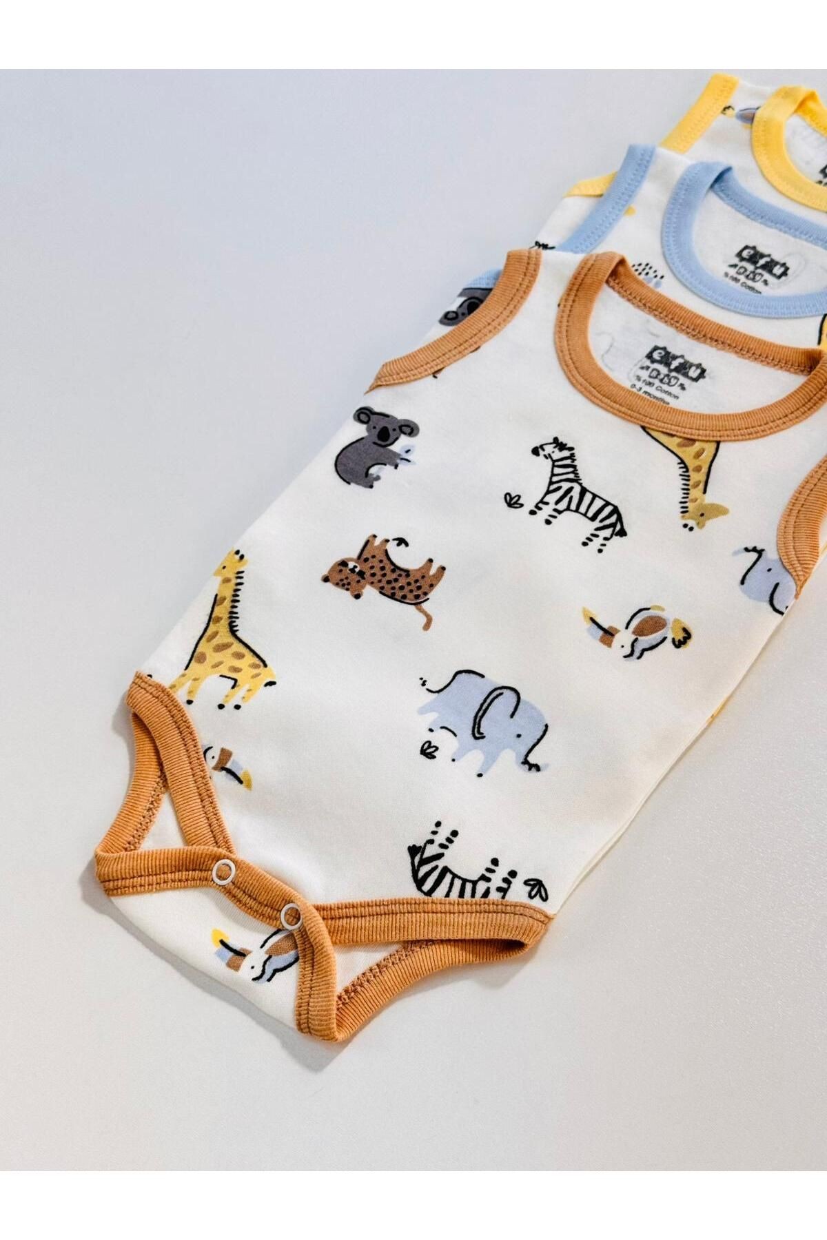 3'lü %100 Pamuklu Desenli Kısa Kol Unisex Bebek Body