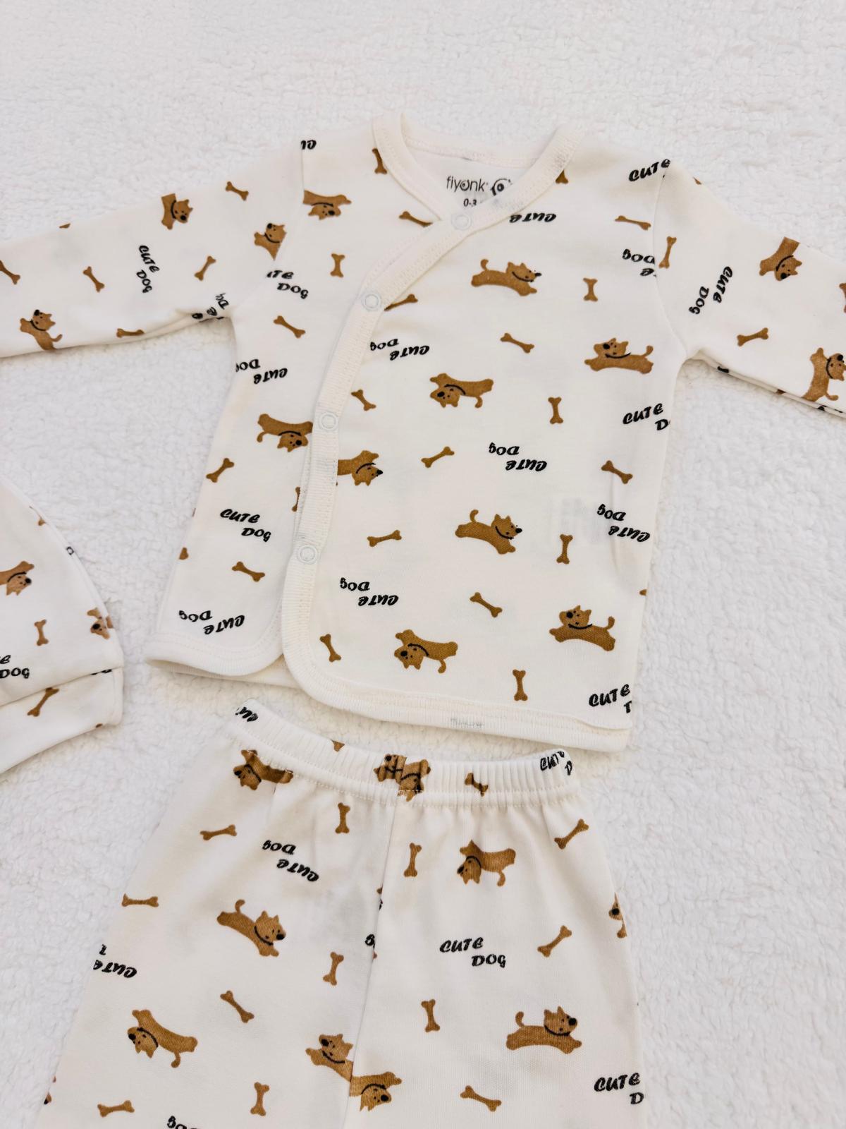 3lü Köpek Desenli Bereli Unisex Bebek Yenidoğan Zıbın Set