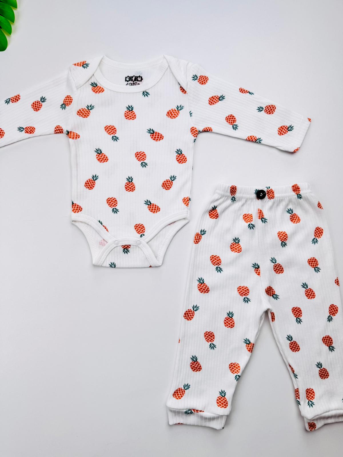 2li Ananas Desenli %100 Pamuklu Unisex Bebek Body Pantolon Takım
