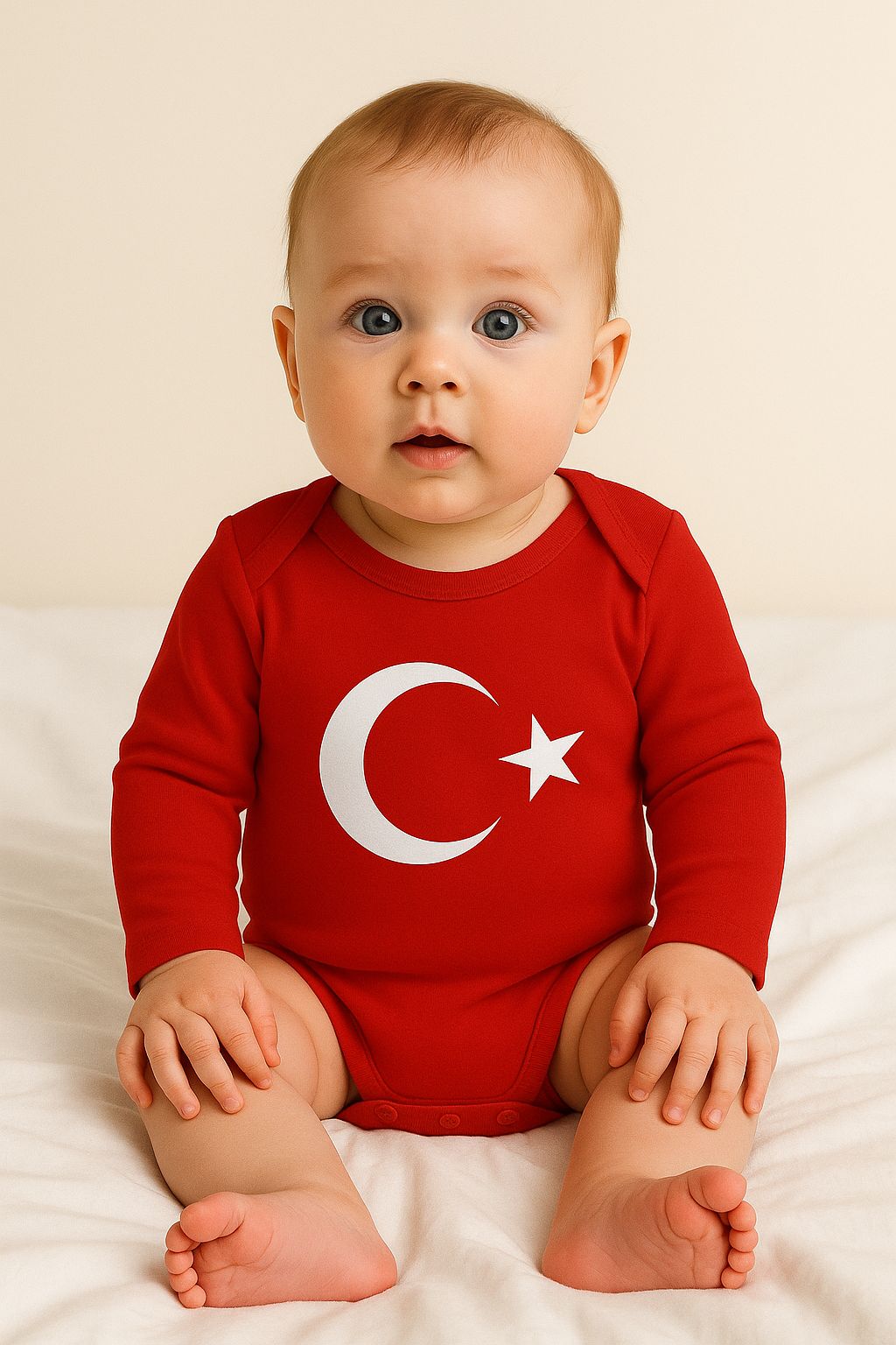 %100 Pamuklu Ay Yıldız Türk Bayrağı Baskılı Uzun Kollu Çıtçıtlı Bebek Body
