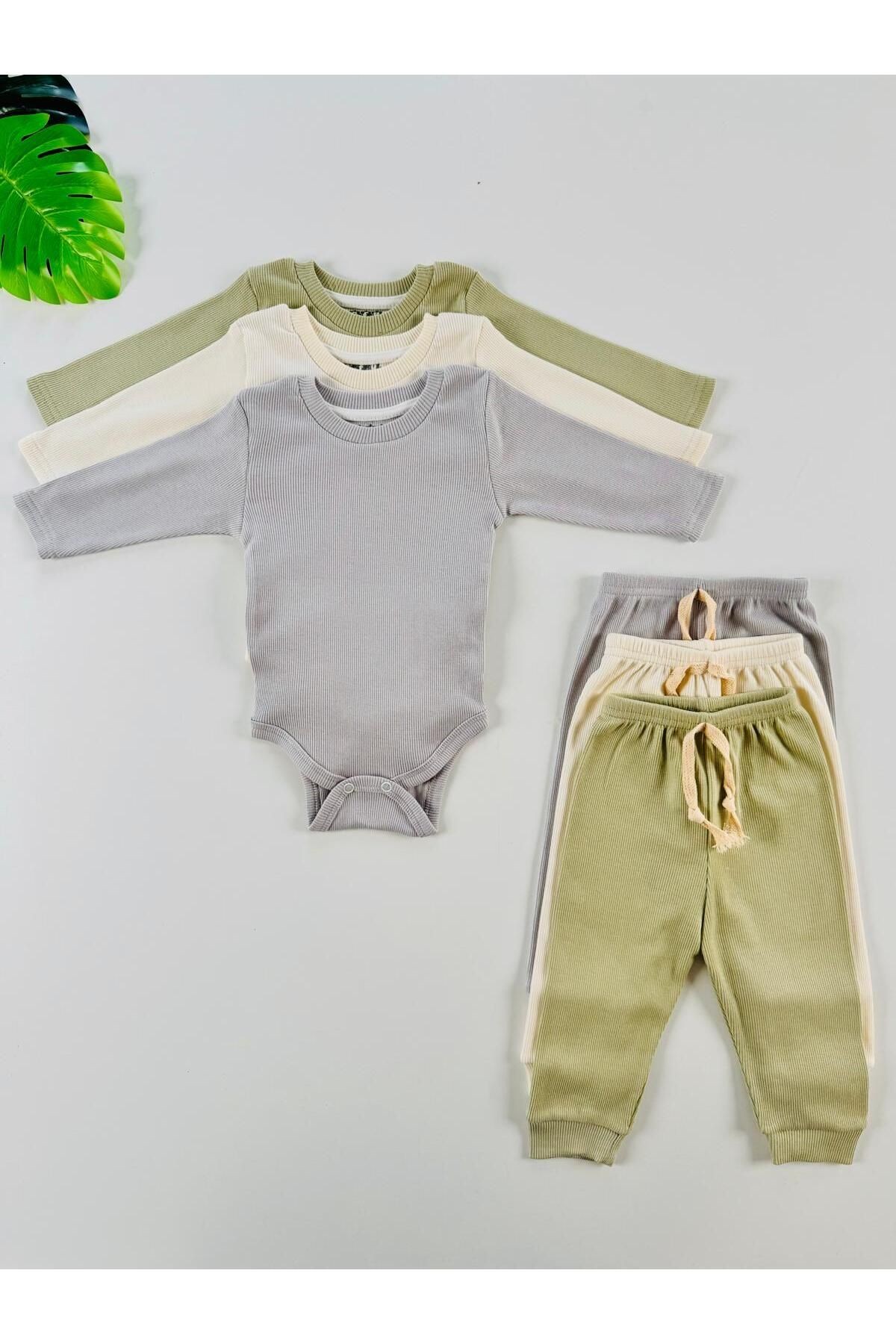 3'lü %100 Pamuklu Unisex Esnek Uzun Kol Kaşkorse Bebek Body Pantolon Takım