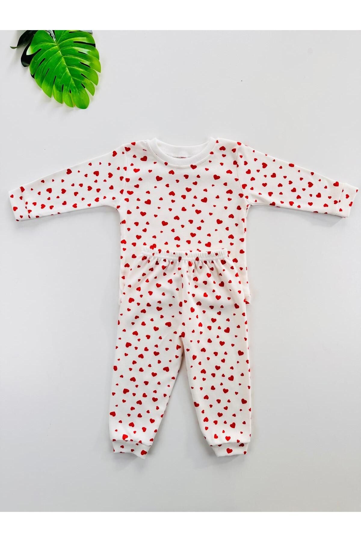 %100 Pamuklu Kalp Desenli Bebek Çocuk Pijama Takım - kırmızı