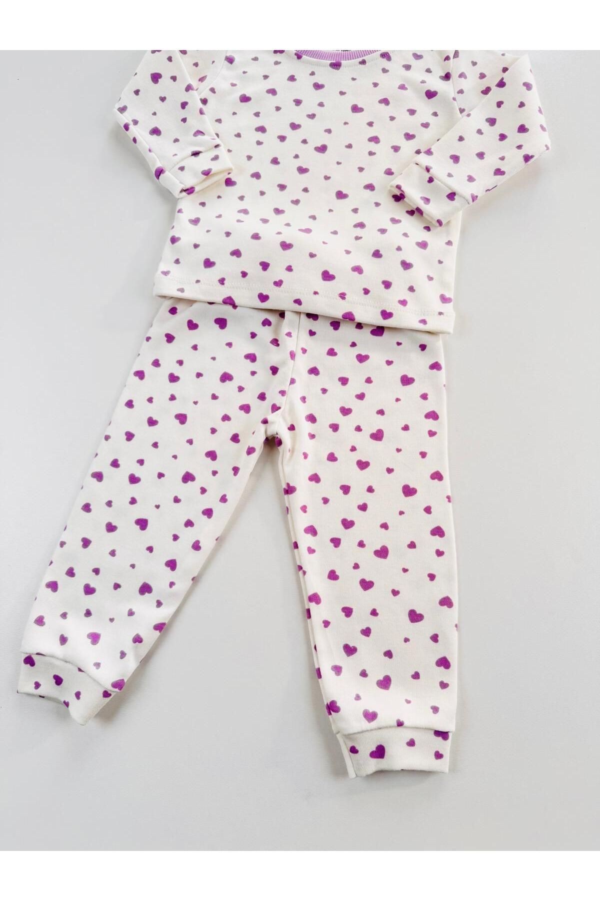 %100 Pamuklu Kalp Desenli Bebek Çocuk Pijama Takım