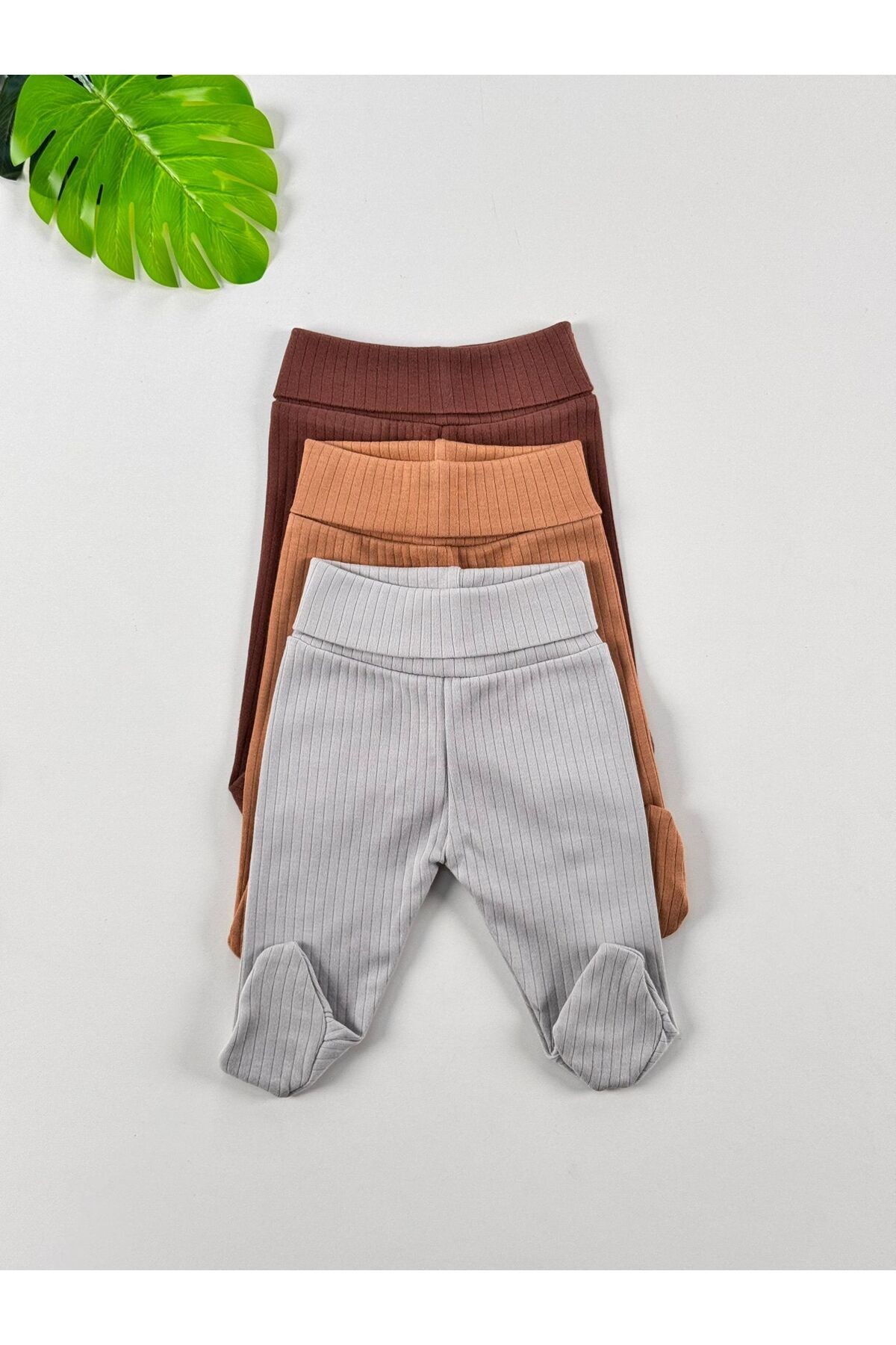 3'lü %100 Pamuklu Raporlu Unisex Basic Patikli Bebek Pantolon - çok renkli - 1
