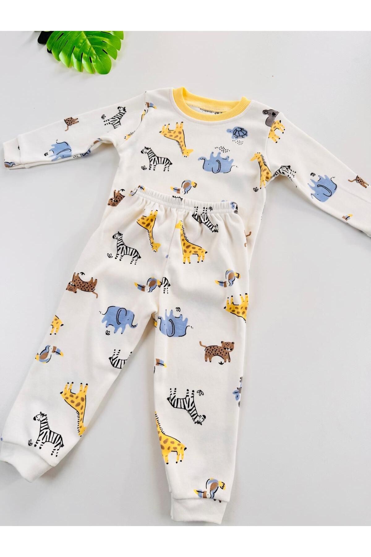 %100 Pamuklu Desenli Unisex Bebek Çocuk Pijama Takım