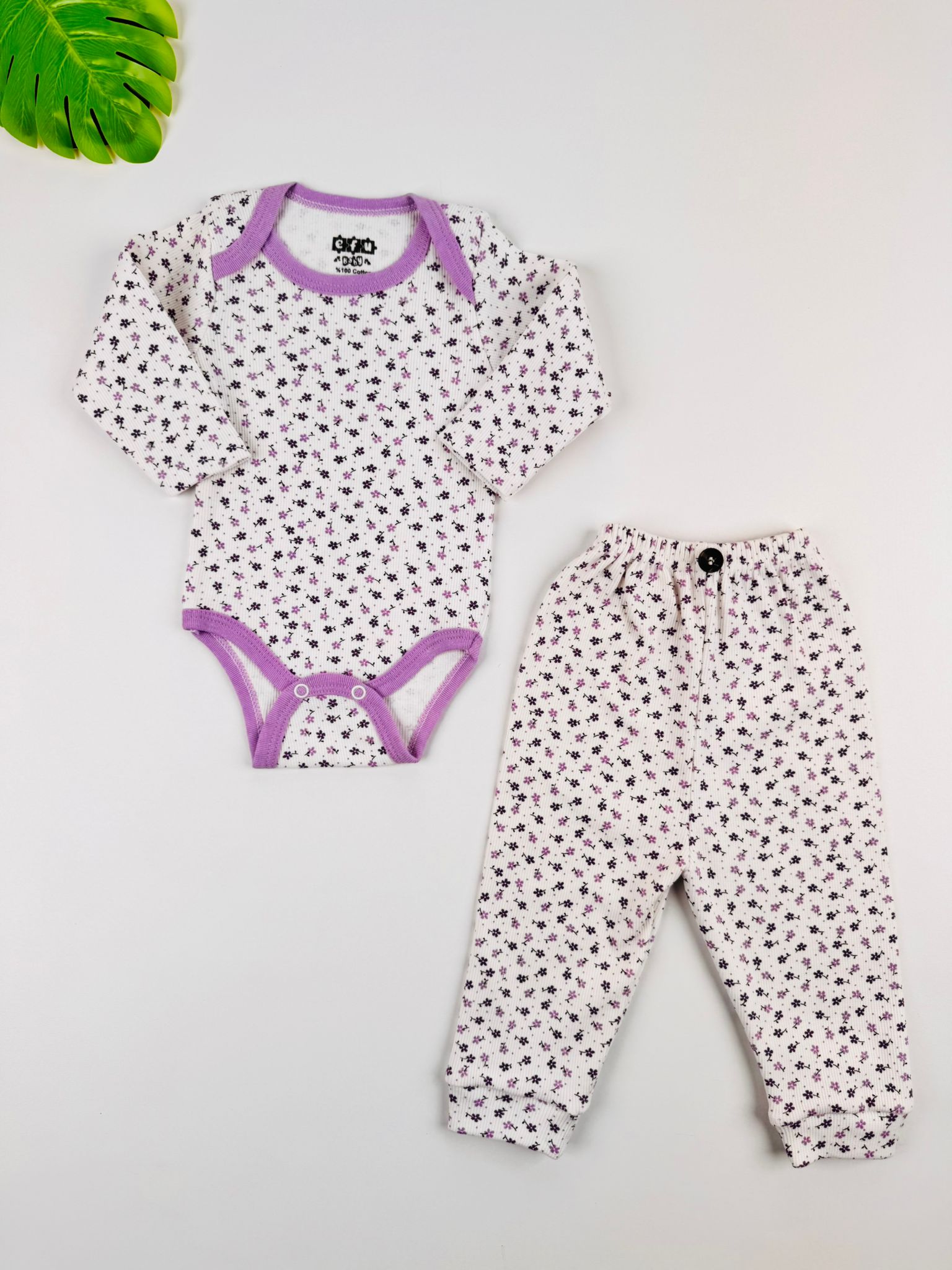 2li Çiçek Desenli %100 Pamuklu Esnek Kaşkorse Kız Bebek Takım - mor