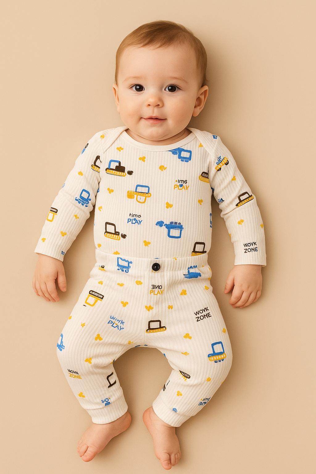  2li Kepçe Desenli %100 Pamuklu Erkek Bebek Body Pantolon Takım