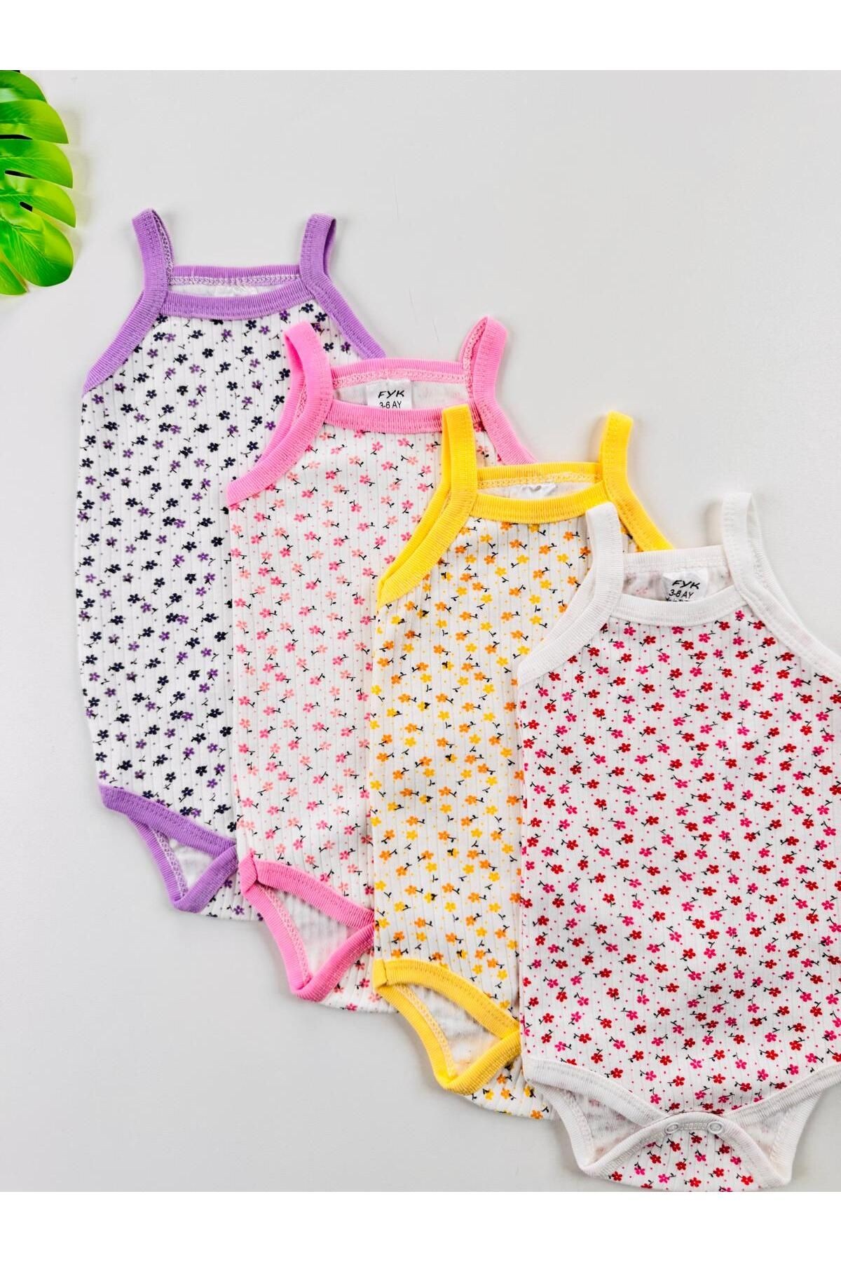 4'lü Çiçek Desenli Fitilli İp Askılı Kız Bebek Atlet Body
