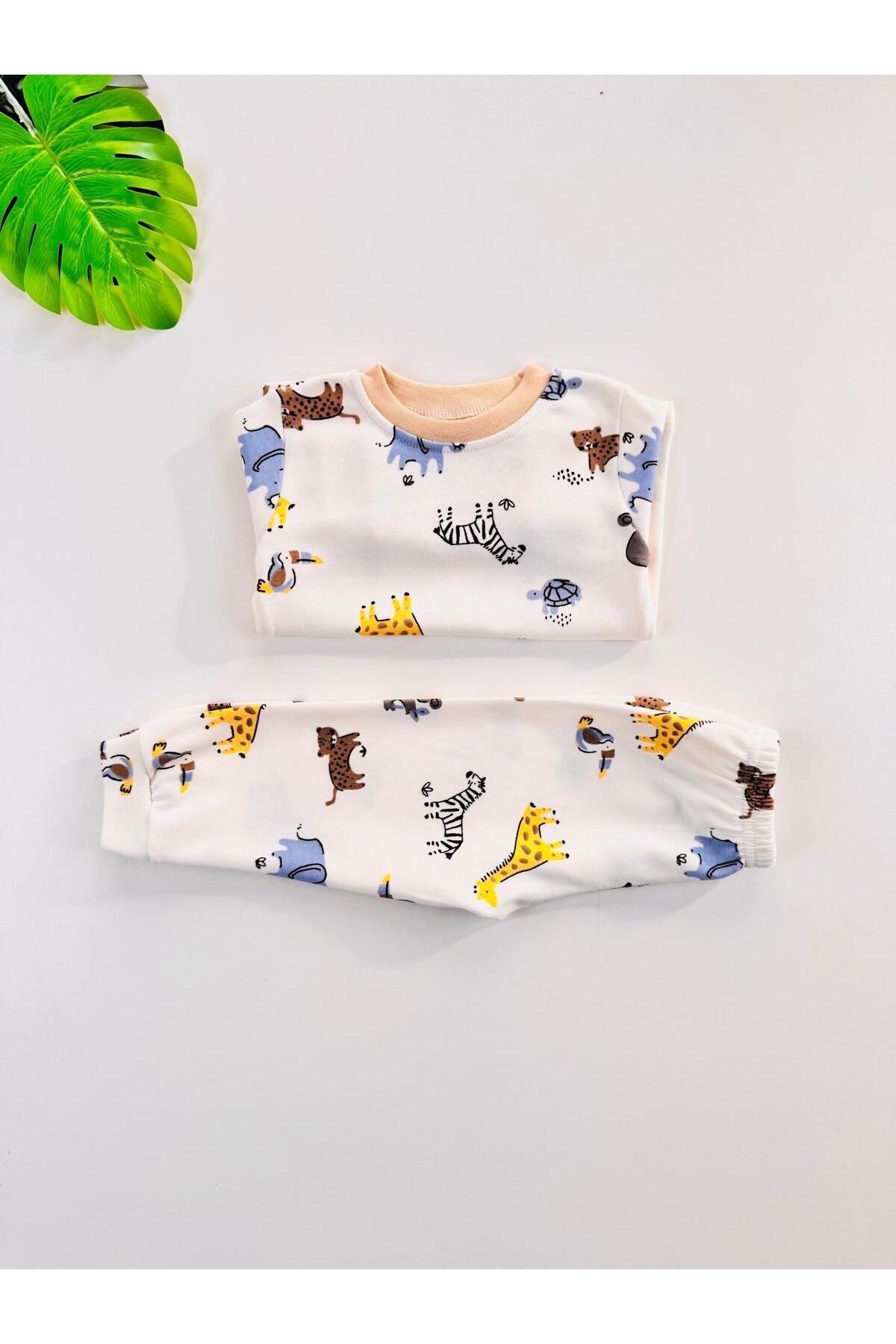 %100 Pamuklu Desenli Unisex Bebek Çocuk Pijama Takım