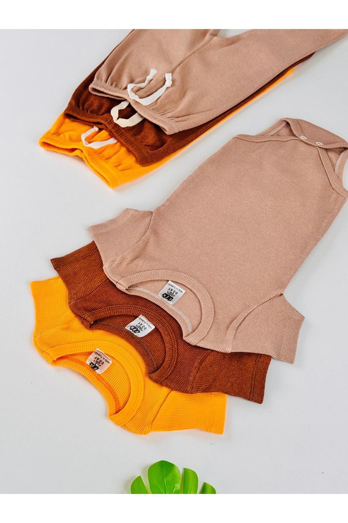 3'lü Unisex Esnek Kaşkorse Kısa Kol Bebek Body Pantolon Takım