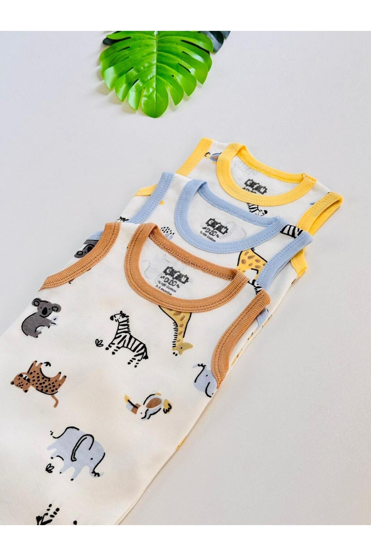 3'lü %100 Pamuklu Desenli Kısa Kol Unisex Bebek Body