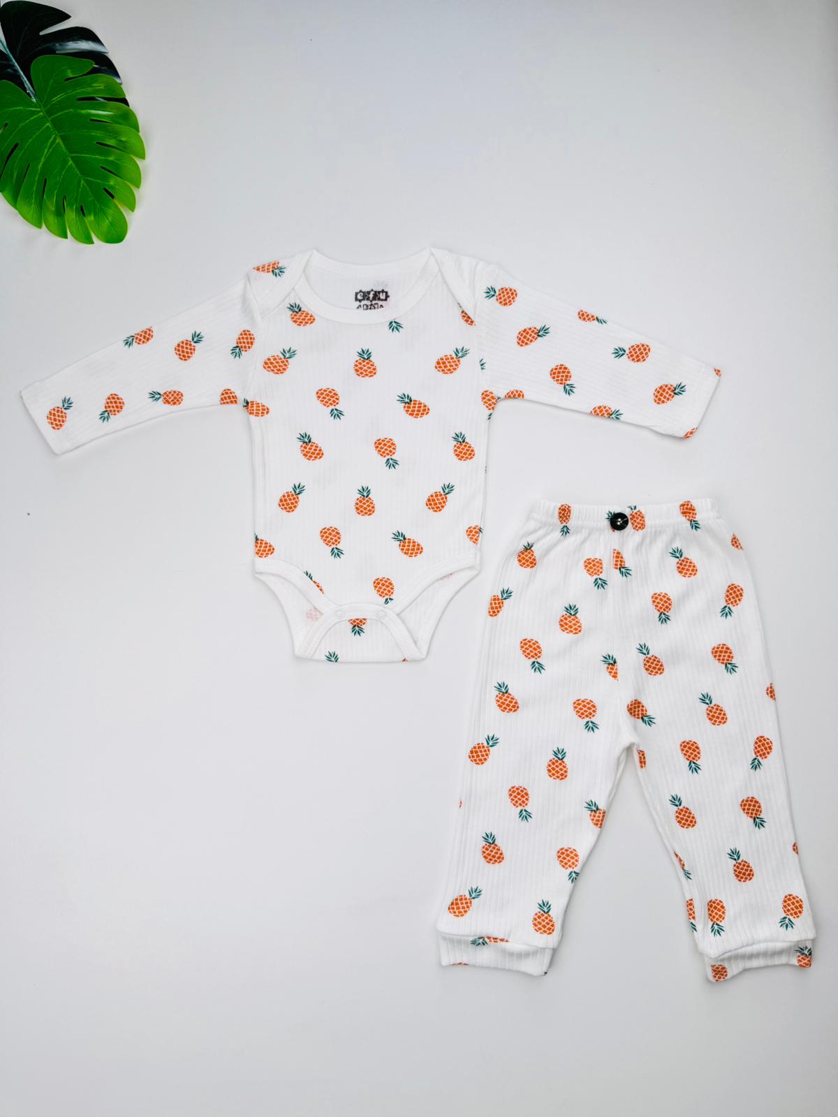 2li Ananas Desenli %100 Pamuklu Unisex Bebek Body Pantolon Takım
